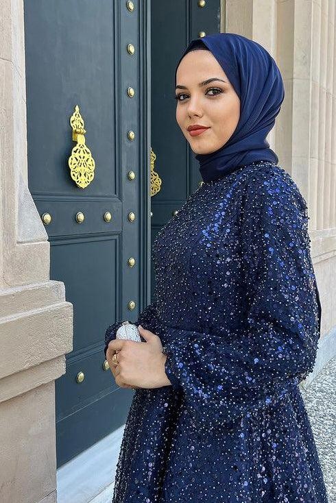 İnci Navy Blue Hijab Evening Dress