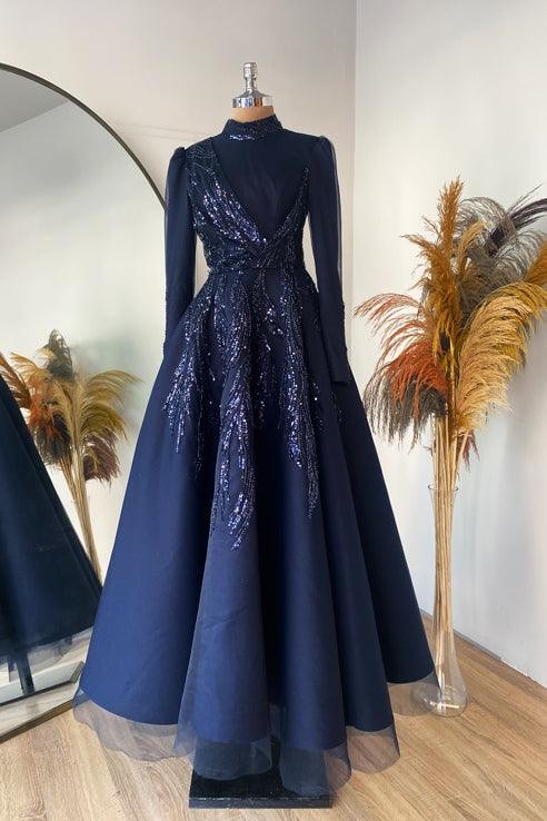 Sude Fluffy Hijab Evening Dress - Navy Blue