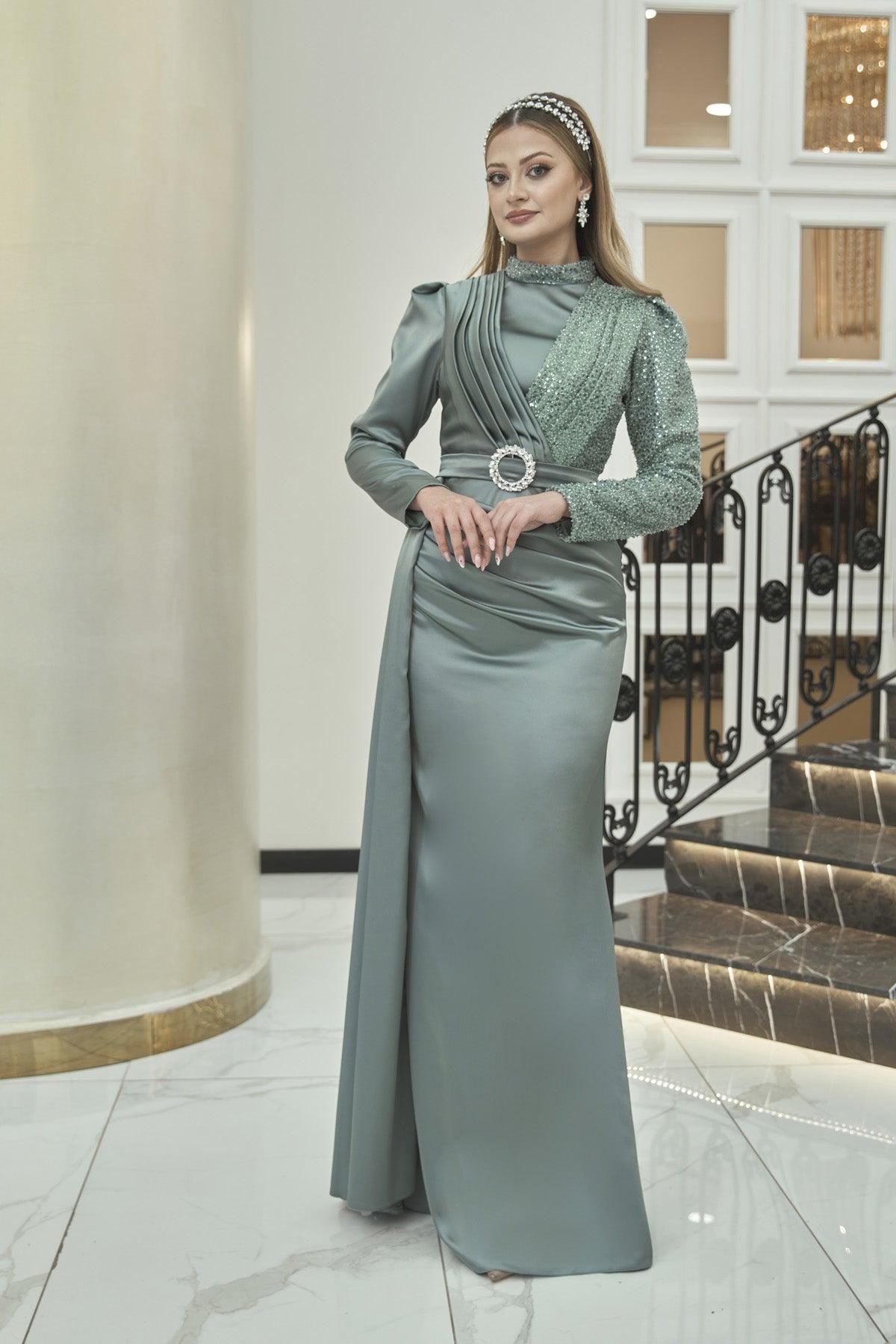 Silk Hijab Evening Dress - Mint