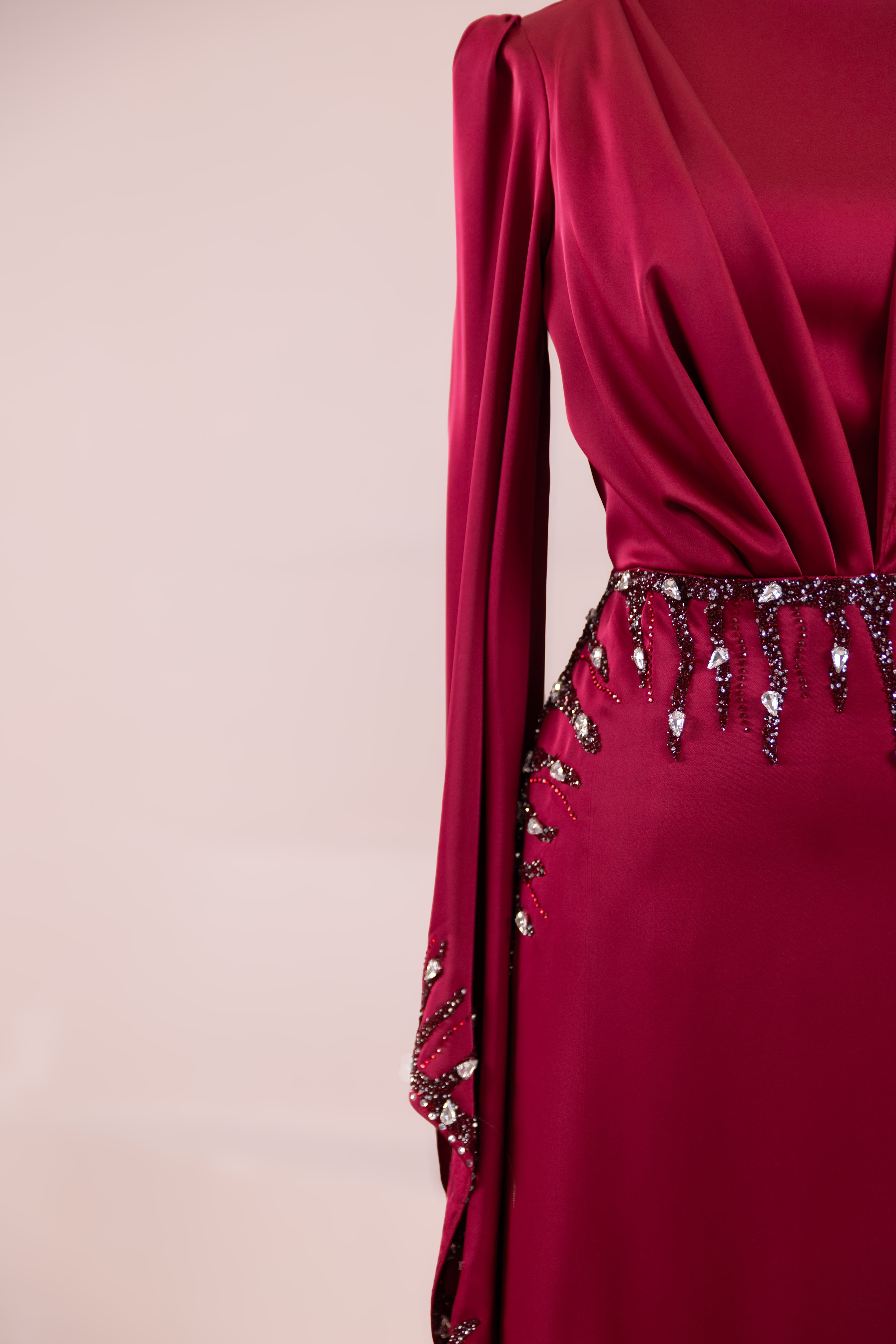Sue Tesettür Abiye  - Burgundy