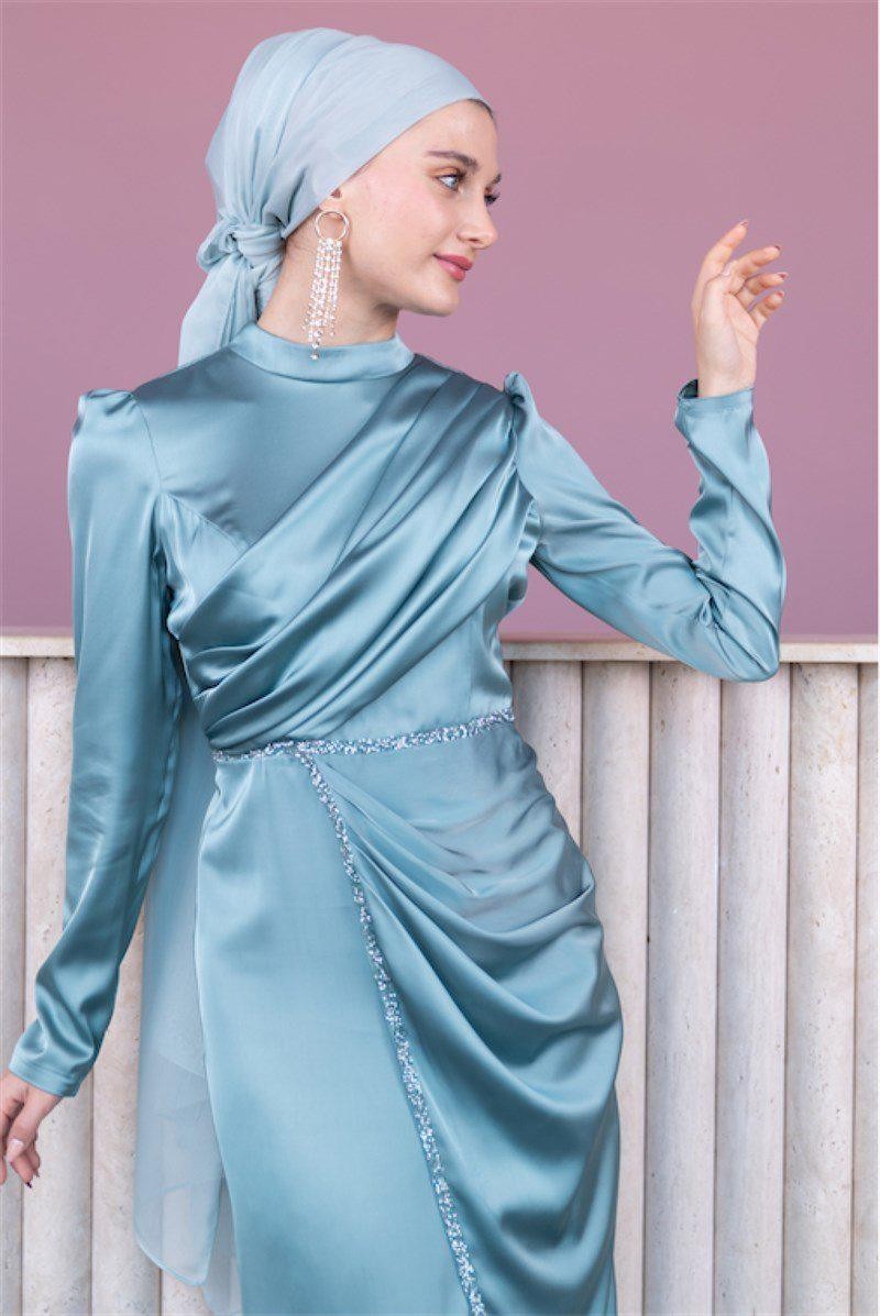 Elif Satin Hijab Evening Dress - Mint