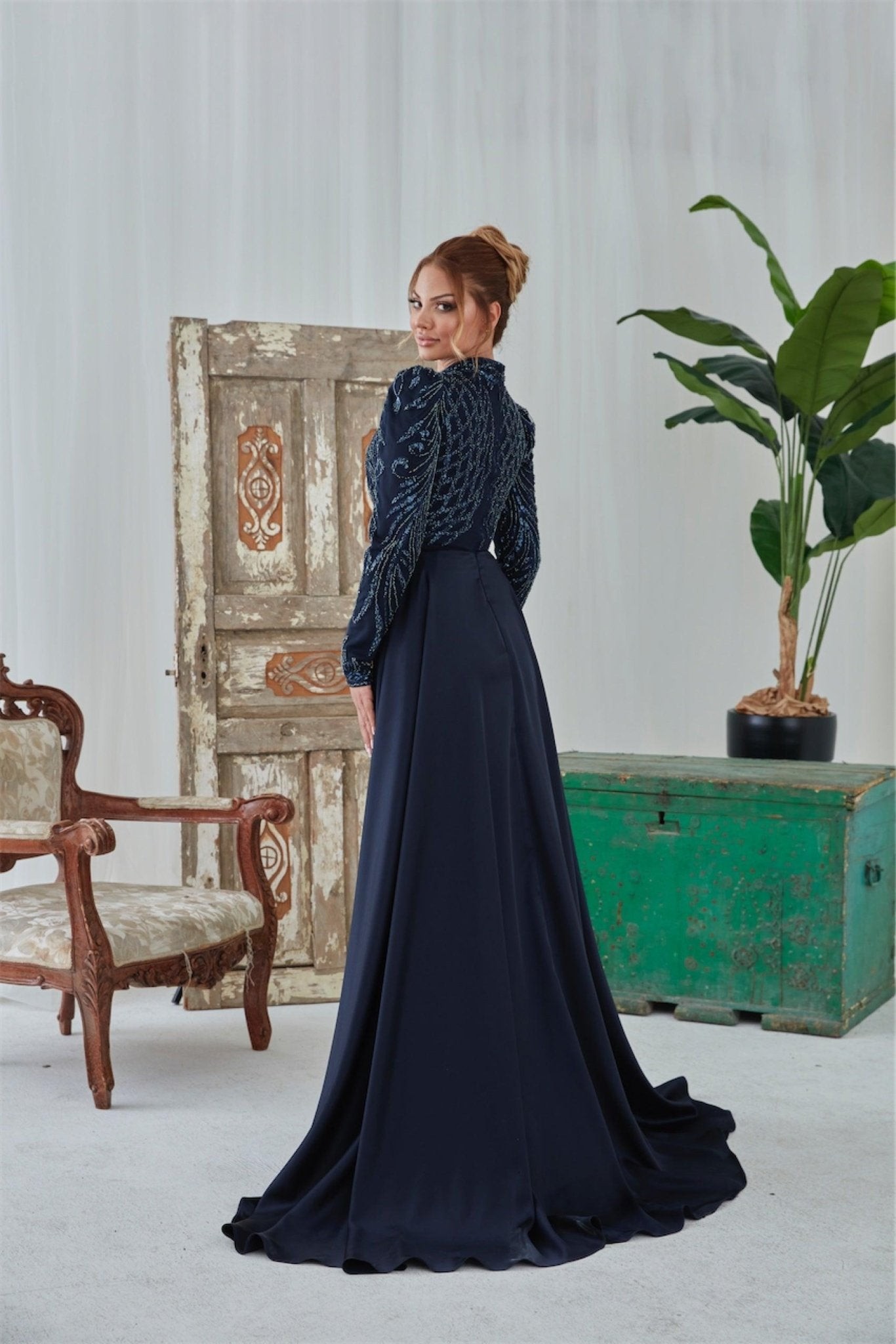 Darla Hijab Evening Dress - Navy Blue