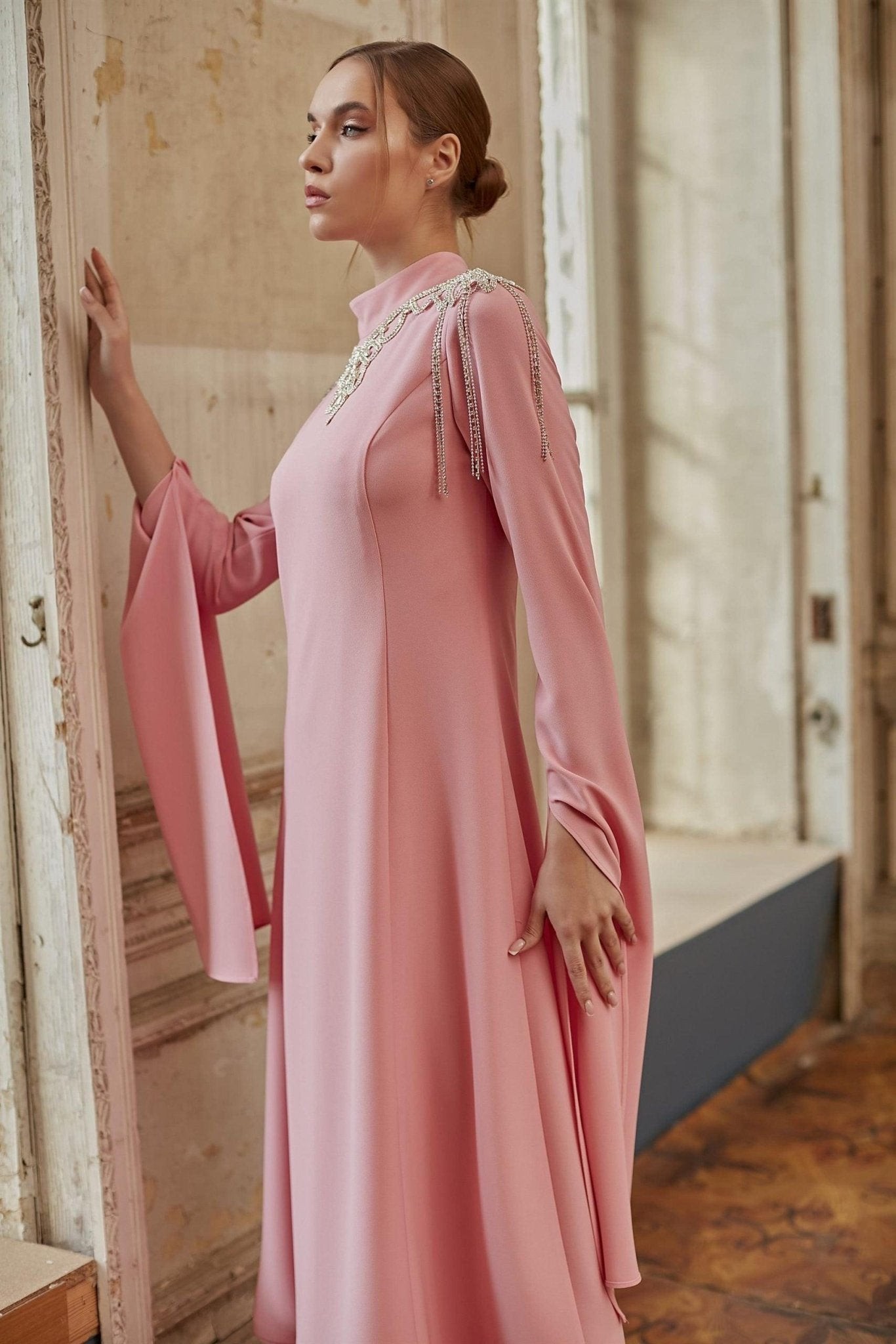 Pink Cape Sleeve Hijab Dress