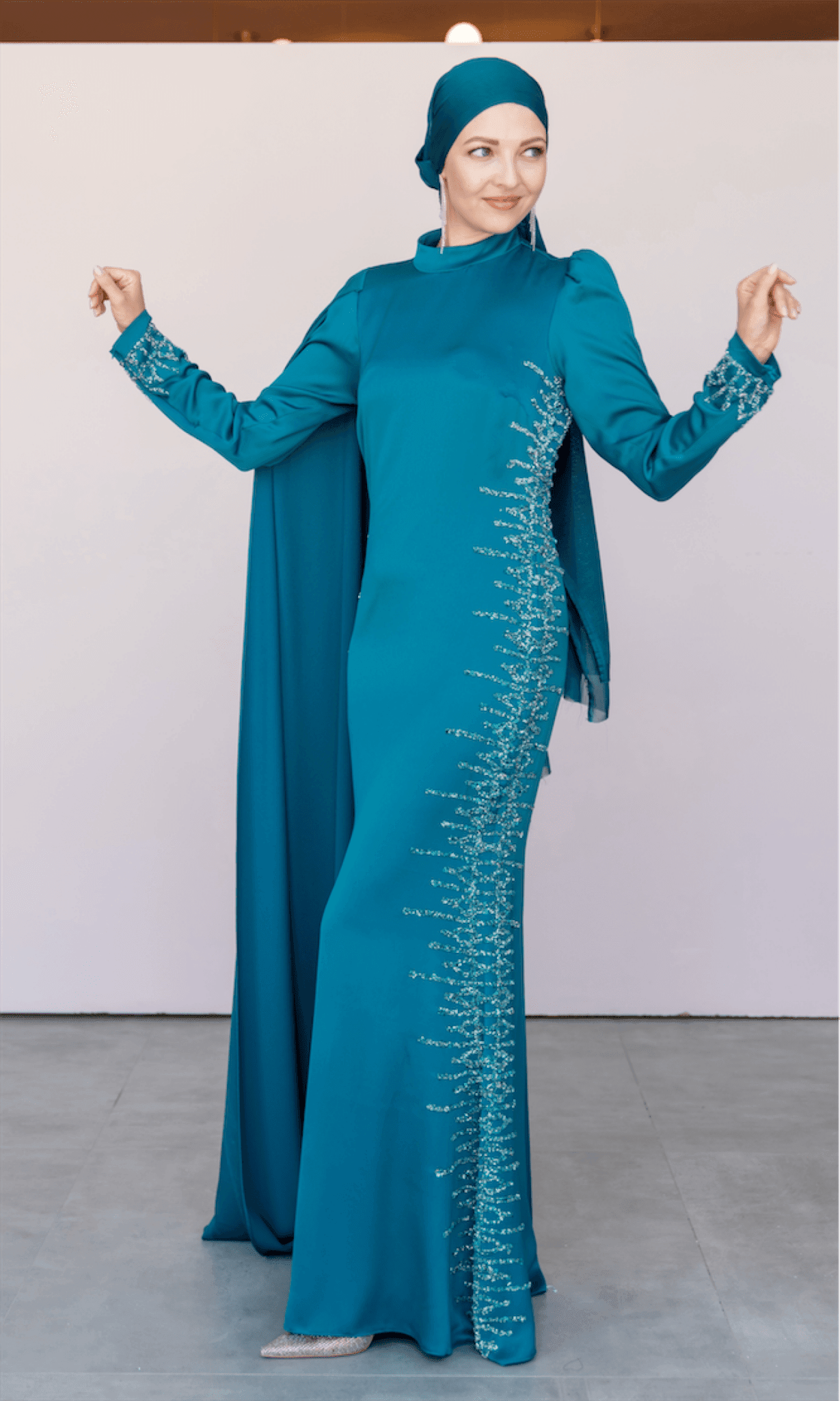 One Shoulder Cape Hijab Evening Dress - Petrol