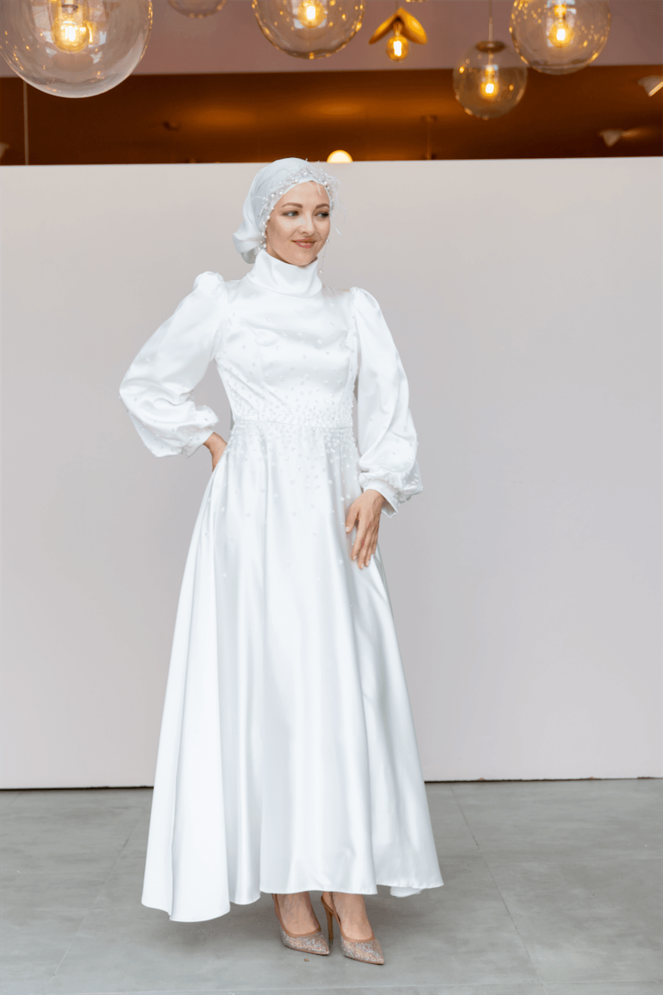 Neck Hijab Evening Dress - White - White