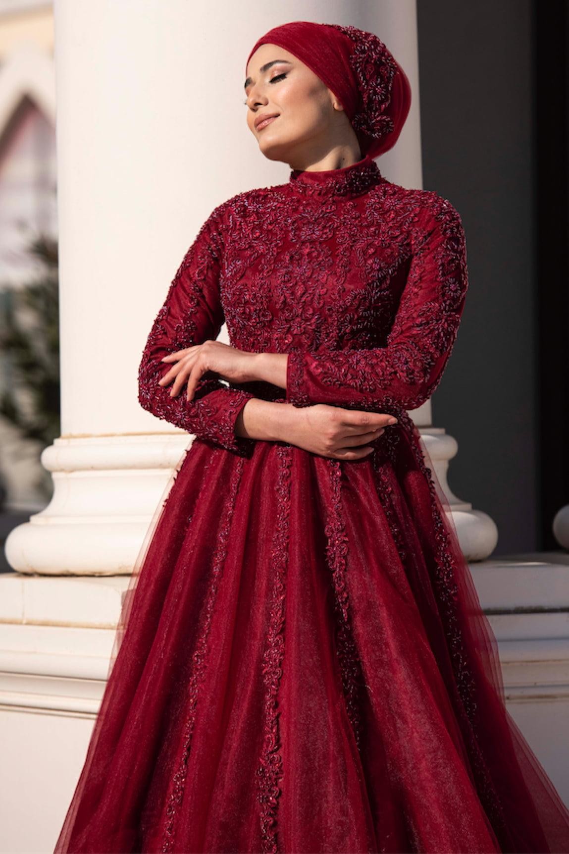 Siena Hijab Evening Dress - Claret Red