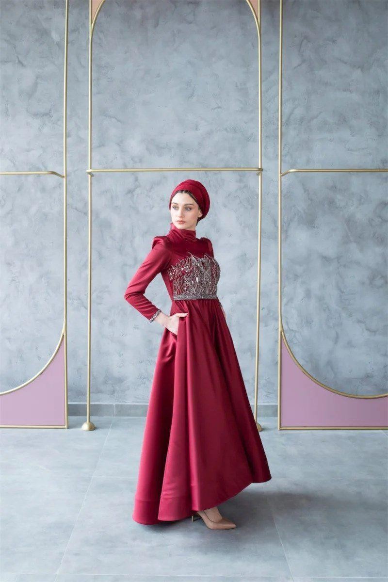 Pera Hijab Evening Dress - Claret Red