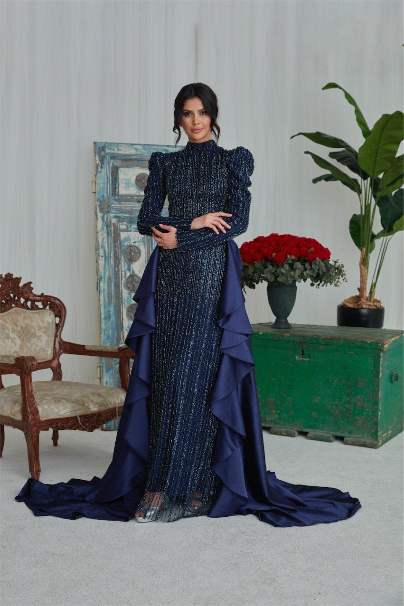 Karin Hijab Evening Dress - Navy Blue