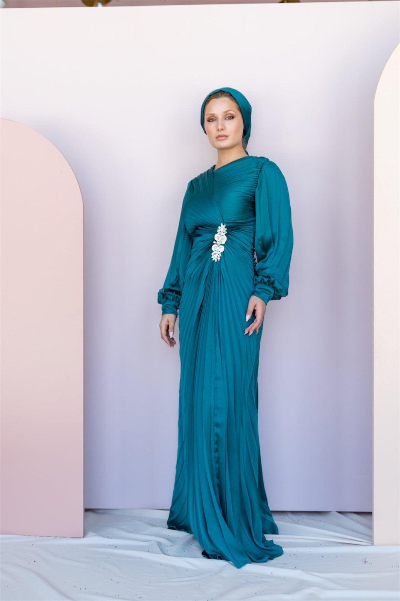 Pilise Hijab Evening Dress with Stone Waist