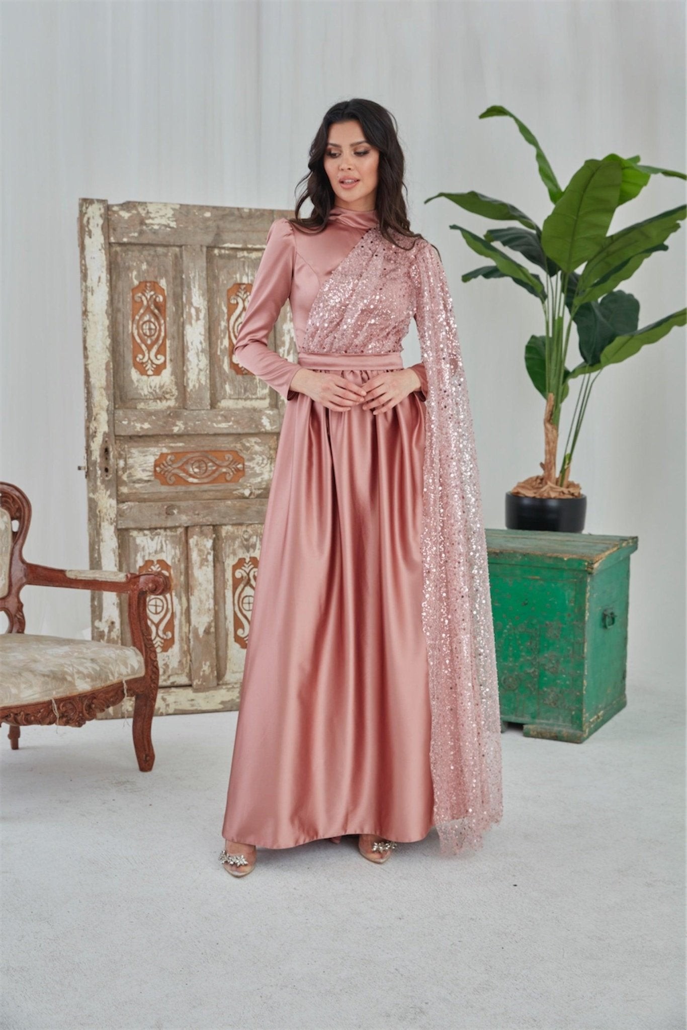 Estel Hijab Evening Dress - Powder