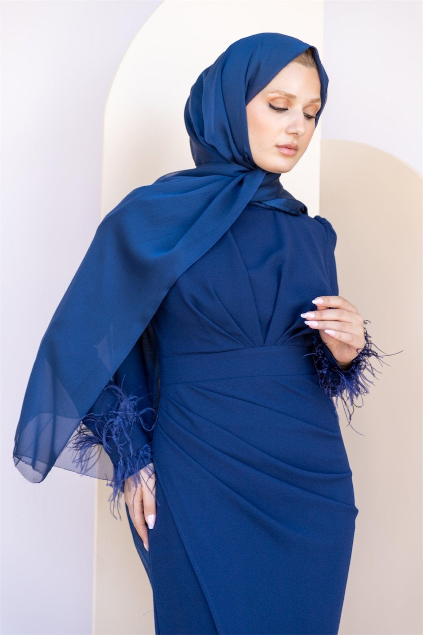 Draped Hijab Evening Dress with Feathered Sleeves - Navy Blue