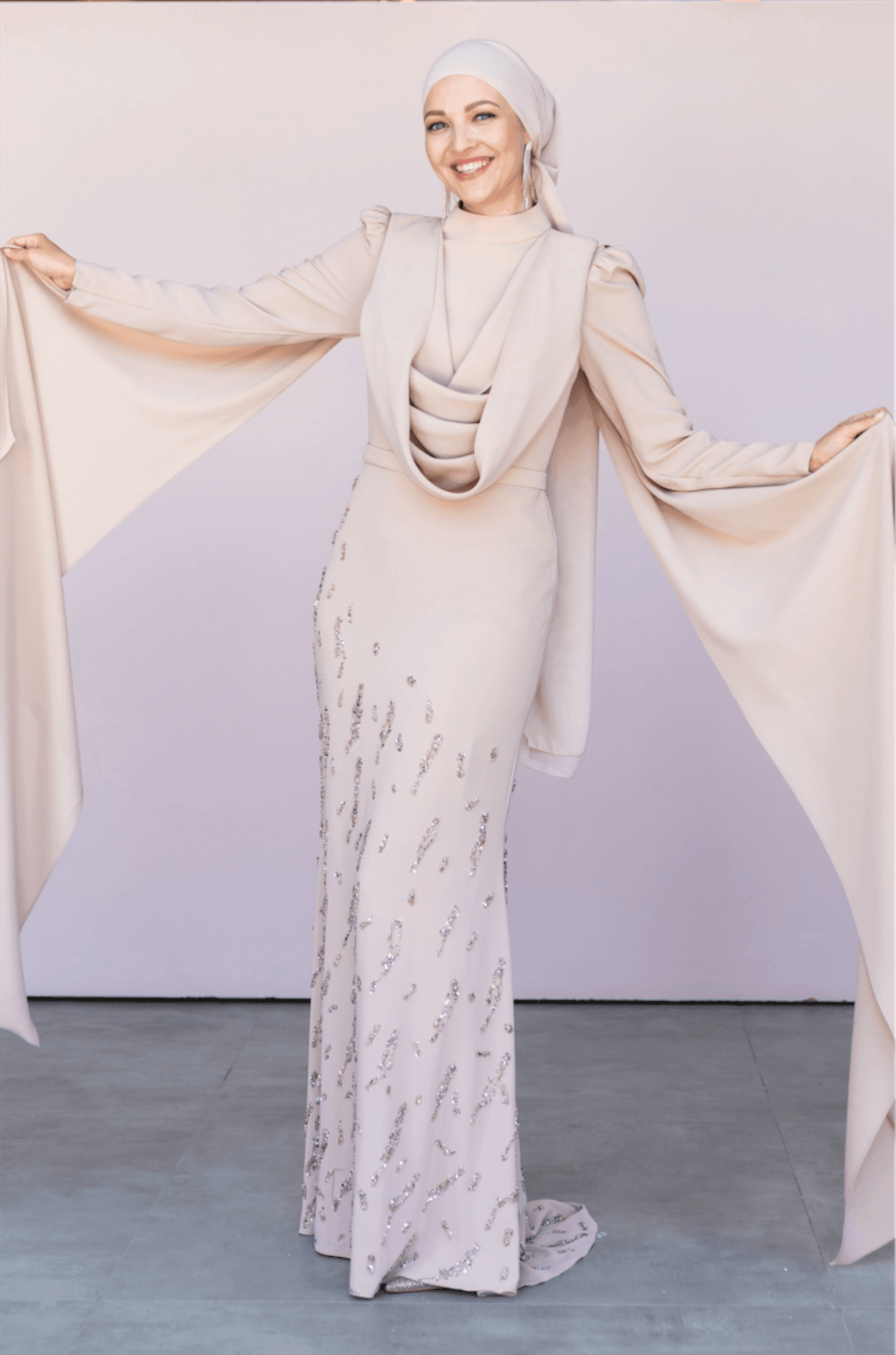 Lace Collar Hijab Evening Dress with Shawl - Cream