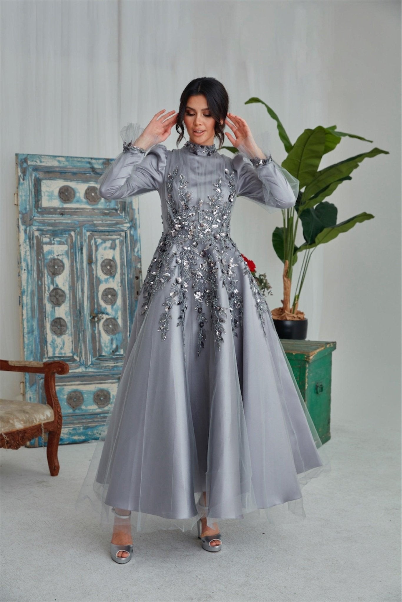 Butterfly Hijab Evening Dress - Gray