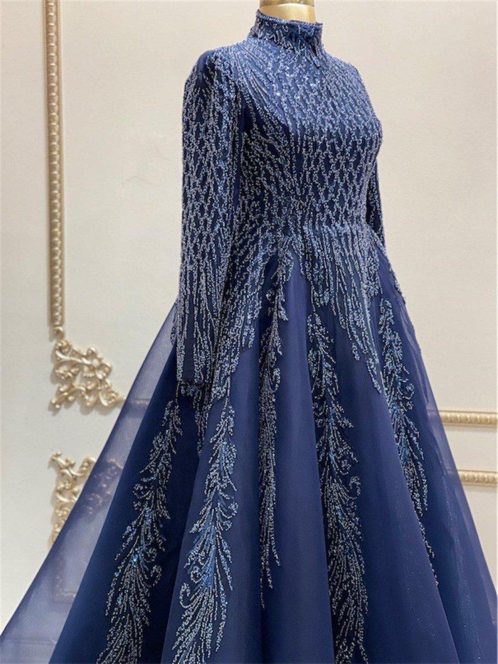 Cute Hijab Evening Dress - Navy Blue
