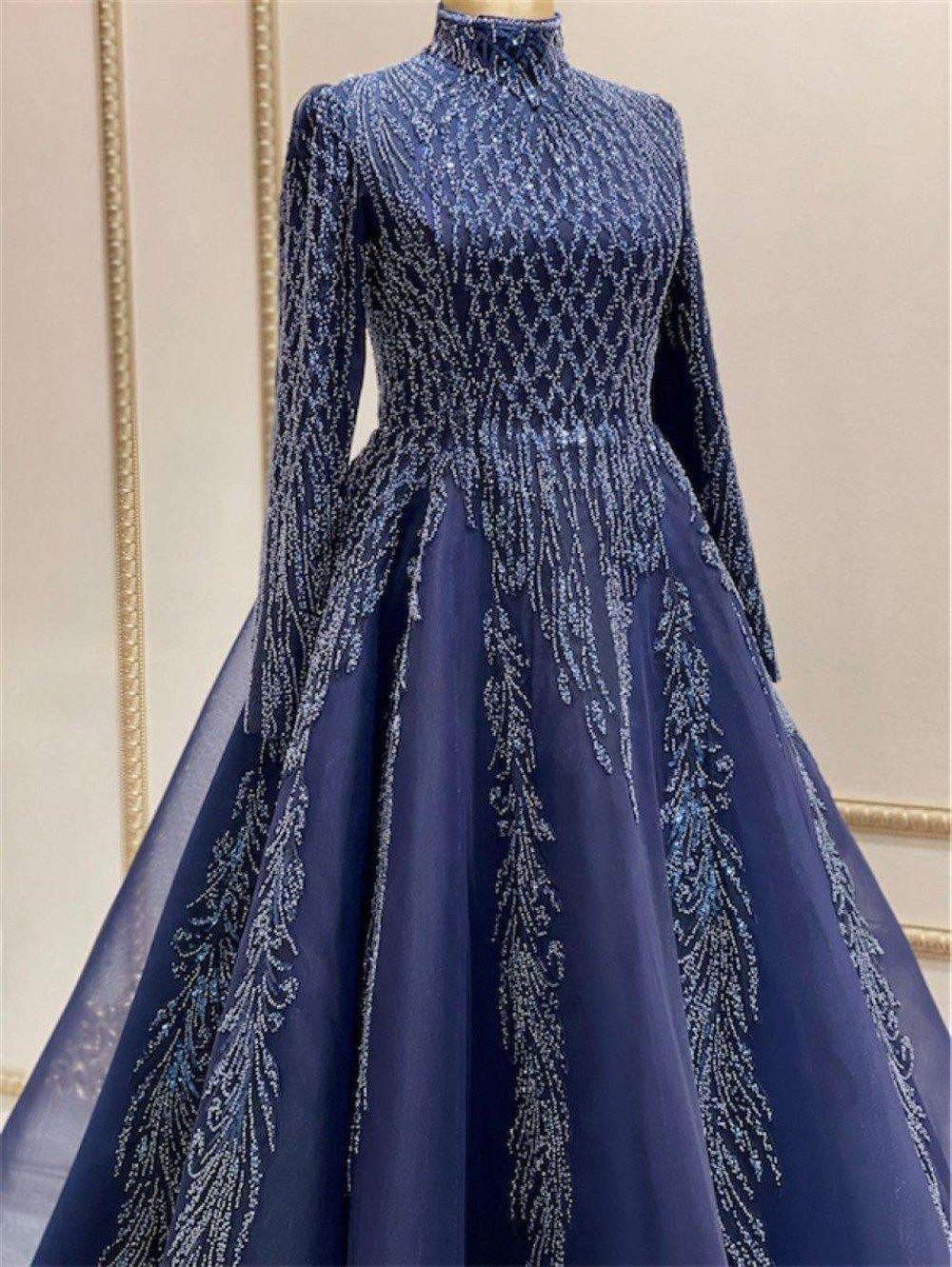 Cute Hijab Evening Dress - Navy Blue