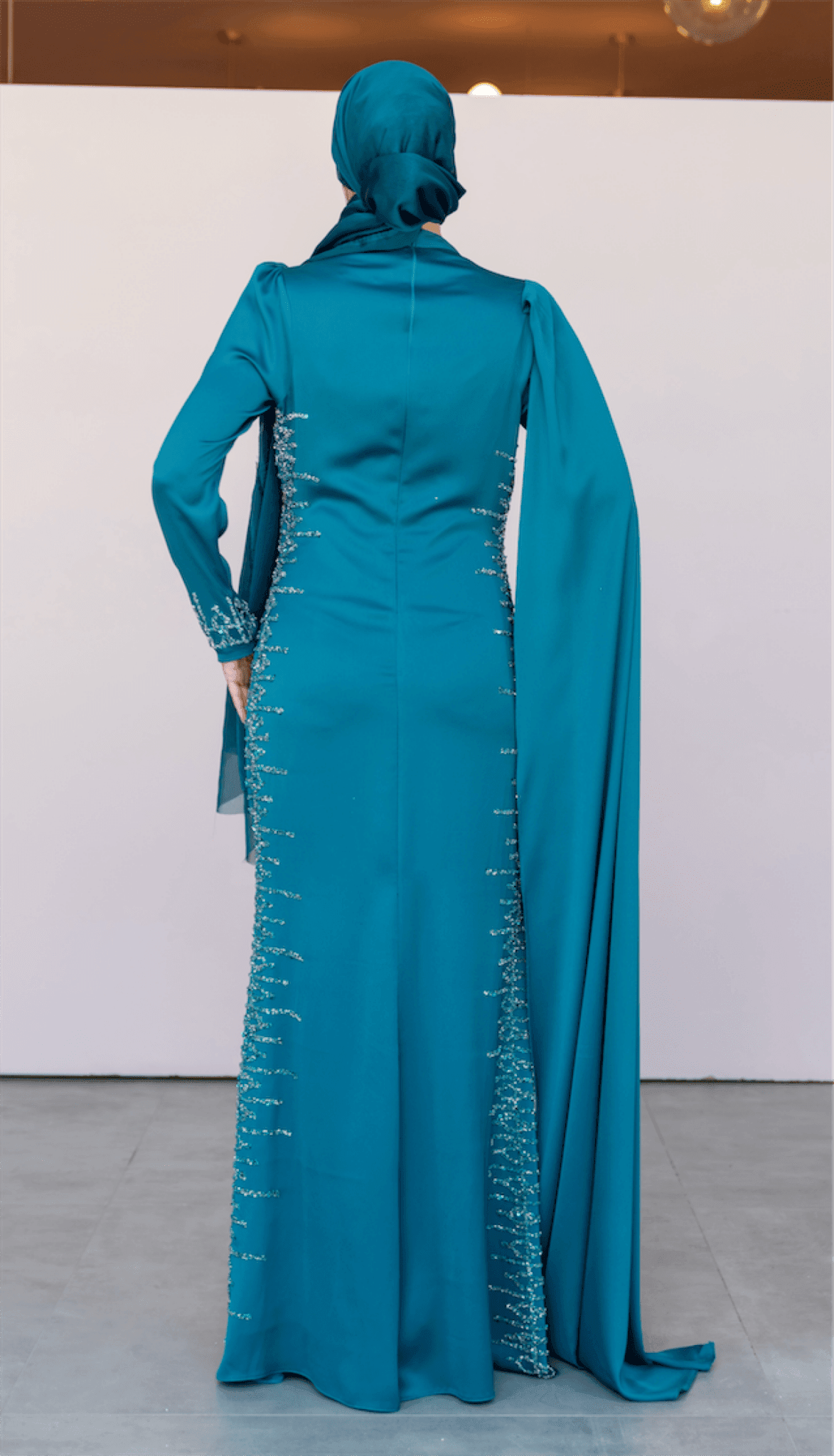 One Shoulder Cape Hijab Evening Dress - Petrol