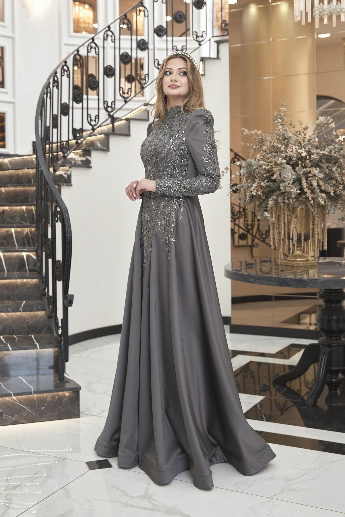 Berrak Hijab Evening Dress - Gray