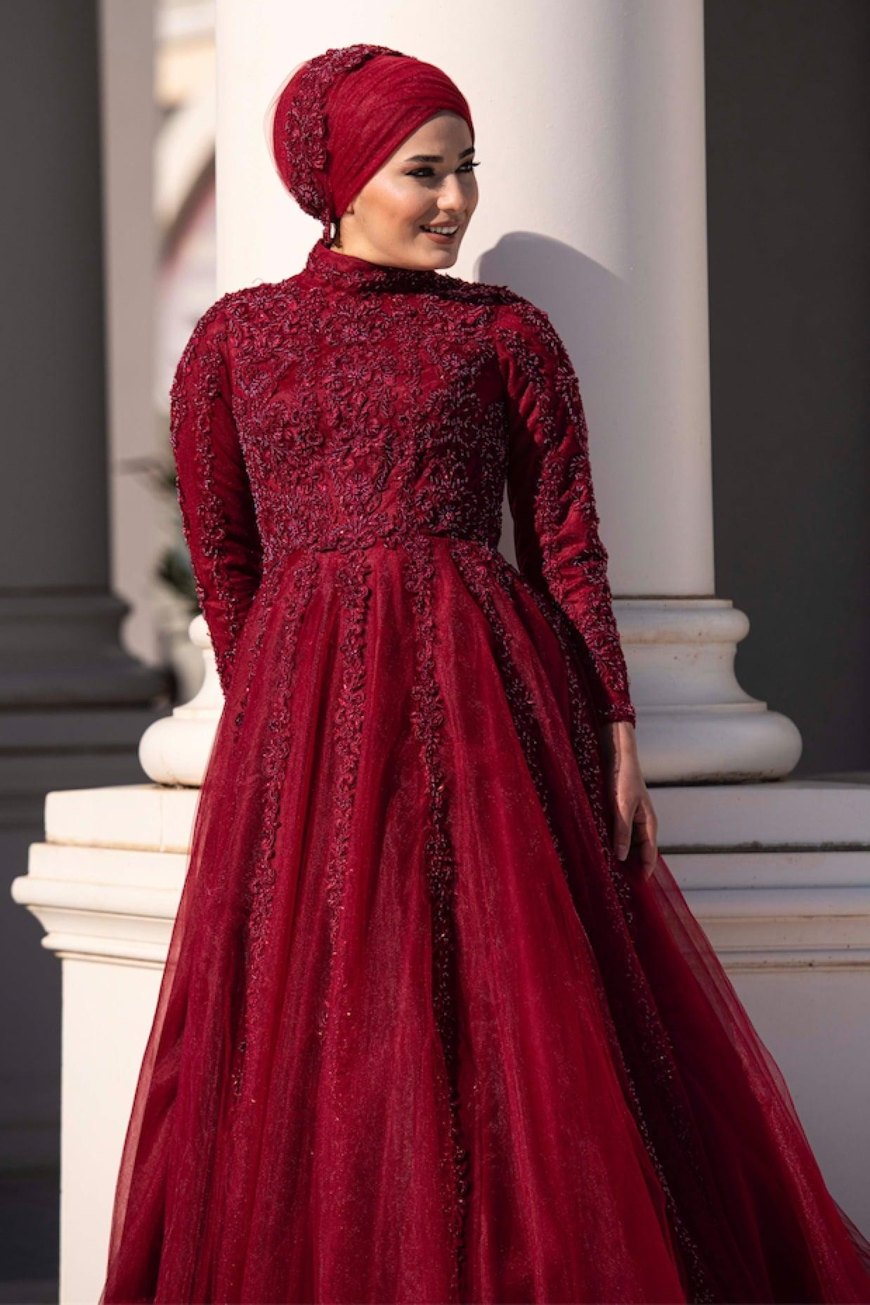 Siena Hijab Evening Dress - Claret Red