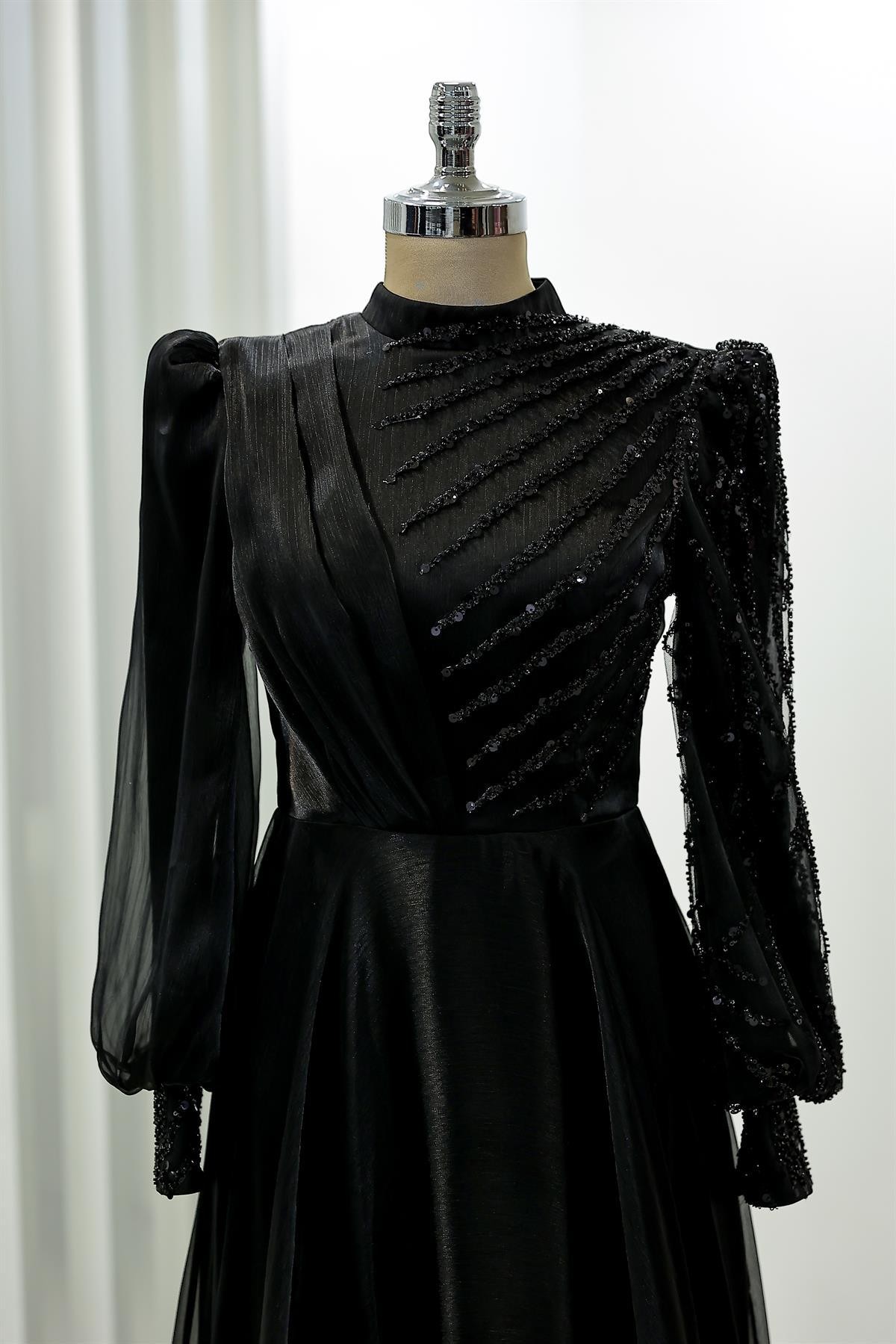 Organza Beaded Lace Embroidered Sun Hijab Evening Dress Black