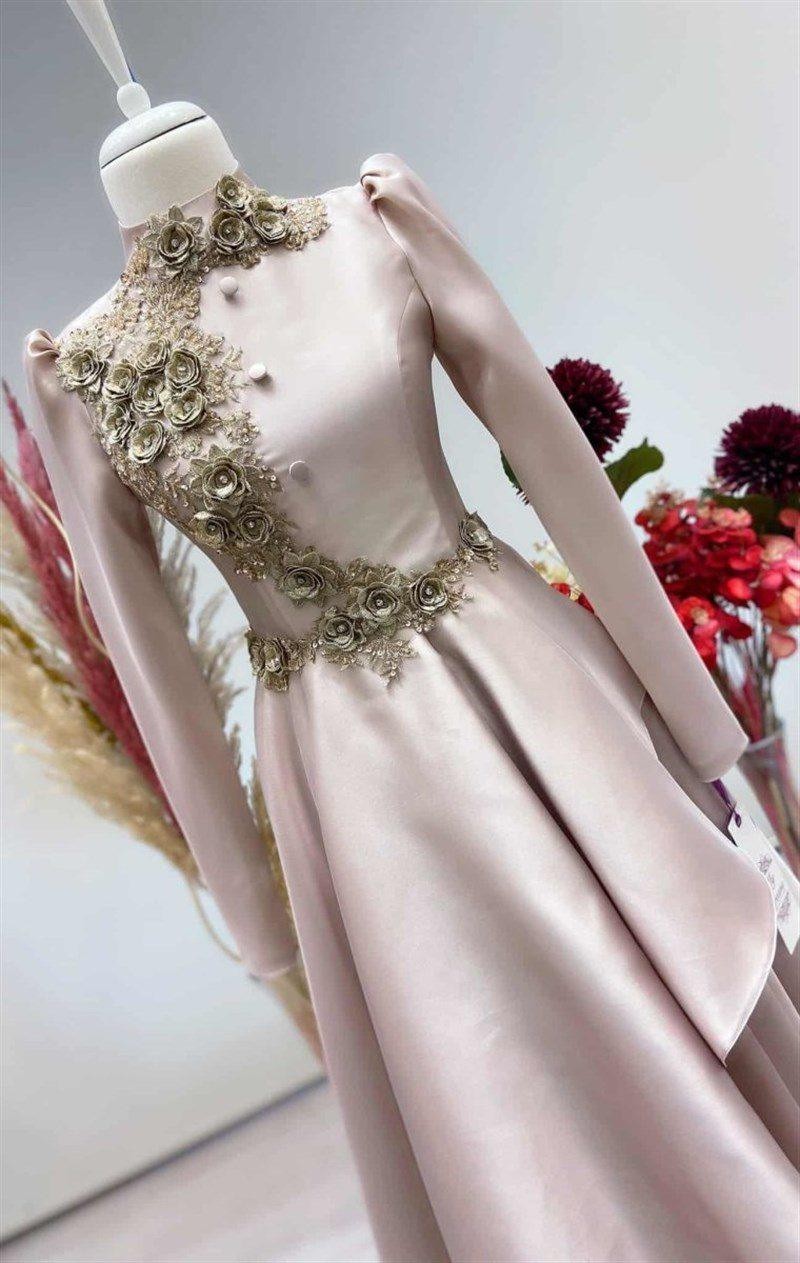 Pearl Hijab Evening Dress - Powder