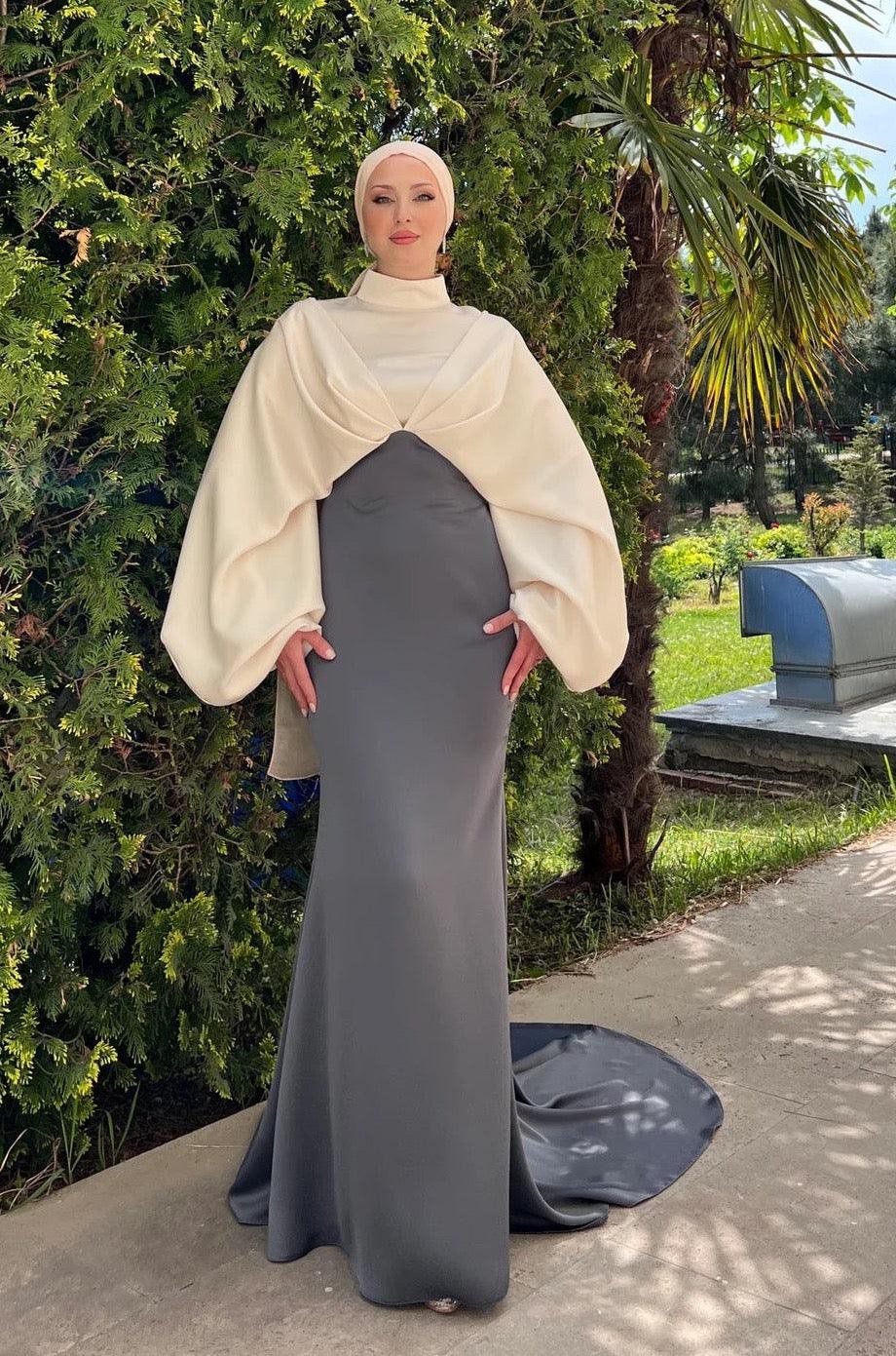 Serra Hijab Evening Dress - Cream & Anthracite