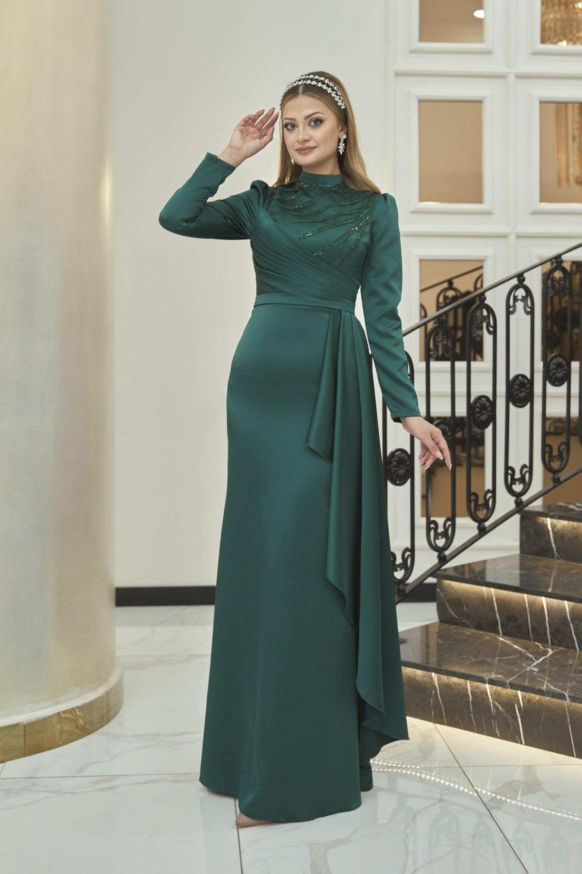 Sırma Hijab Evening Dress - Emerald