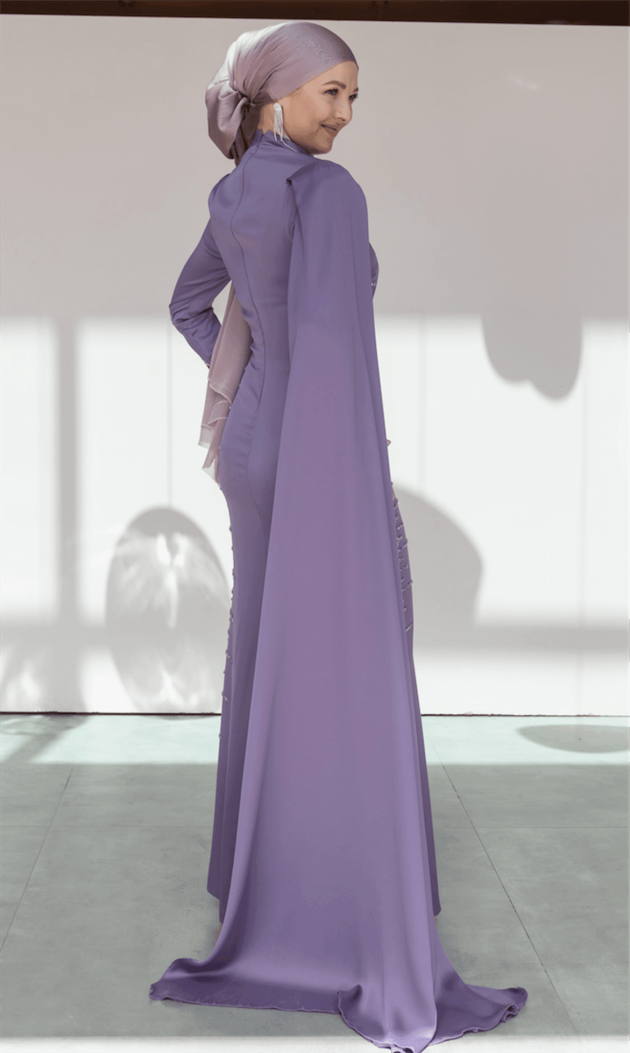 One Shoulder Cape Hijab Evening Dress - Lilac