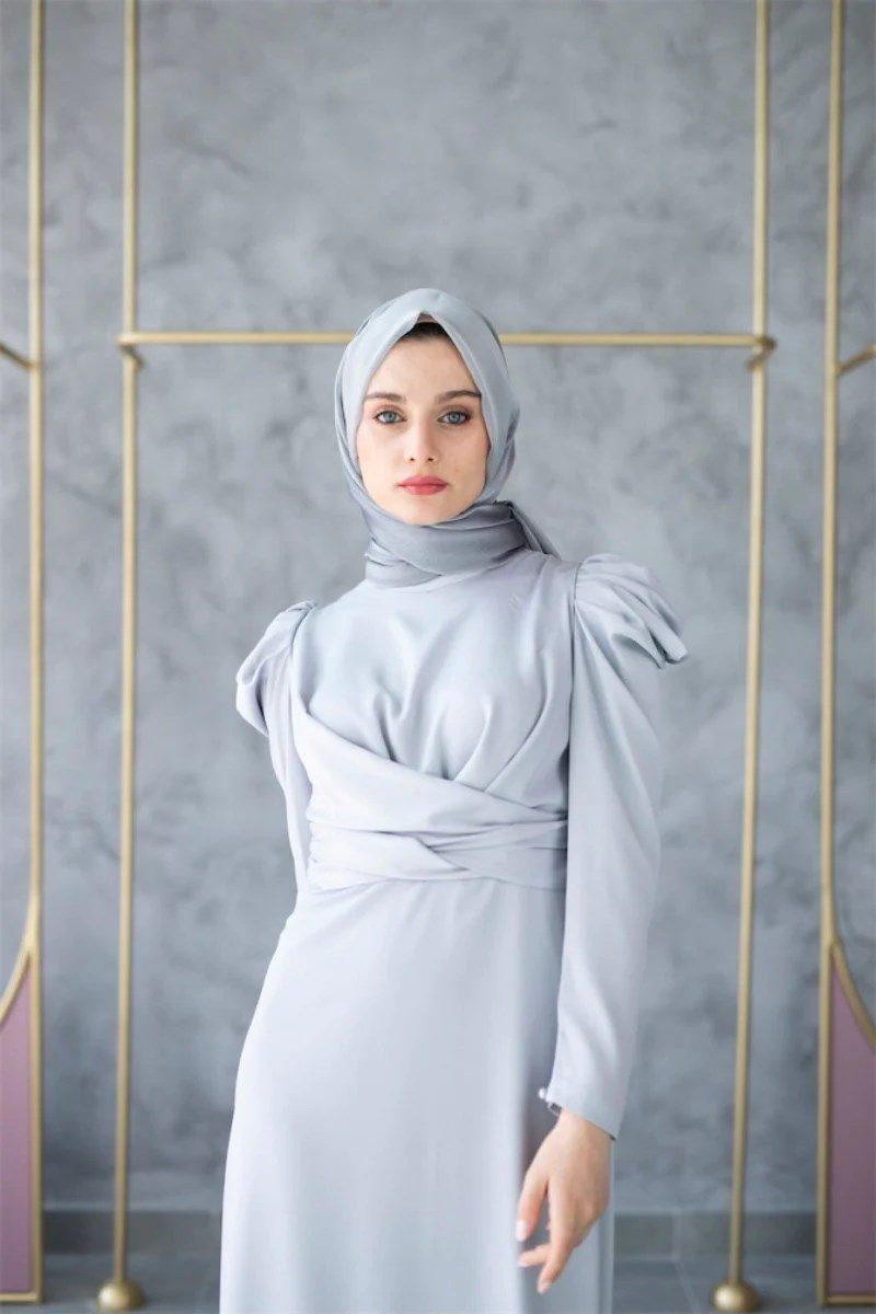 Bige Hijab Evening Dress - Gray