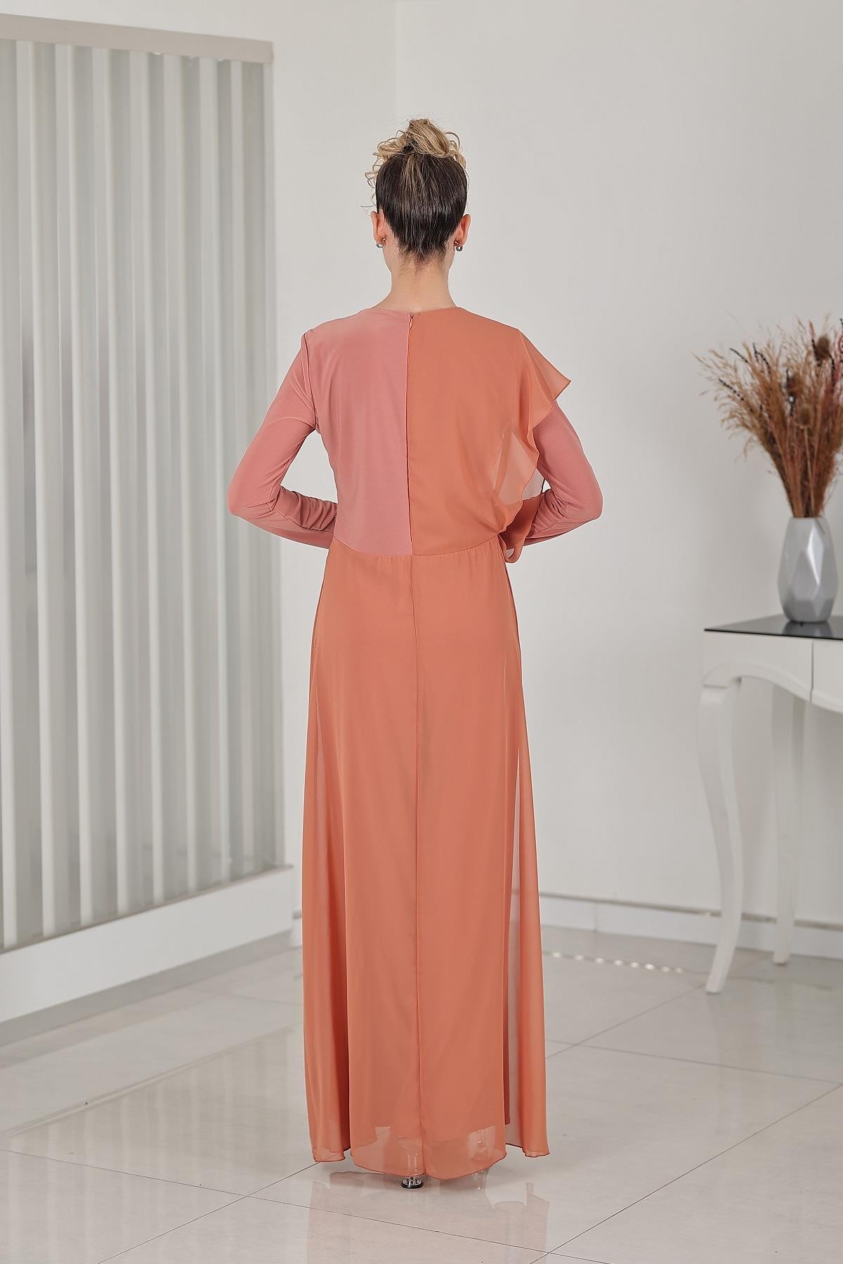 Stone Detailed Chiffon Zeren Hijab Jumpsuit Onion Skin