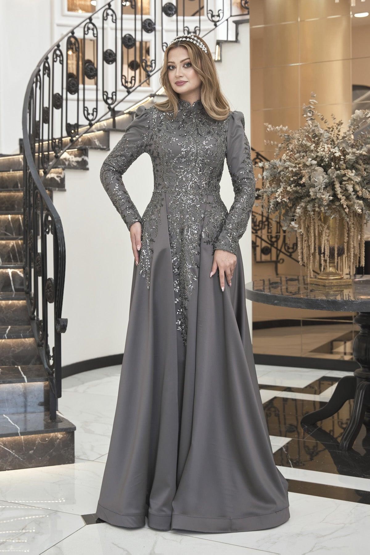 Berrak Hijab Evening Dress - Gray