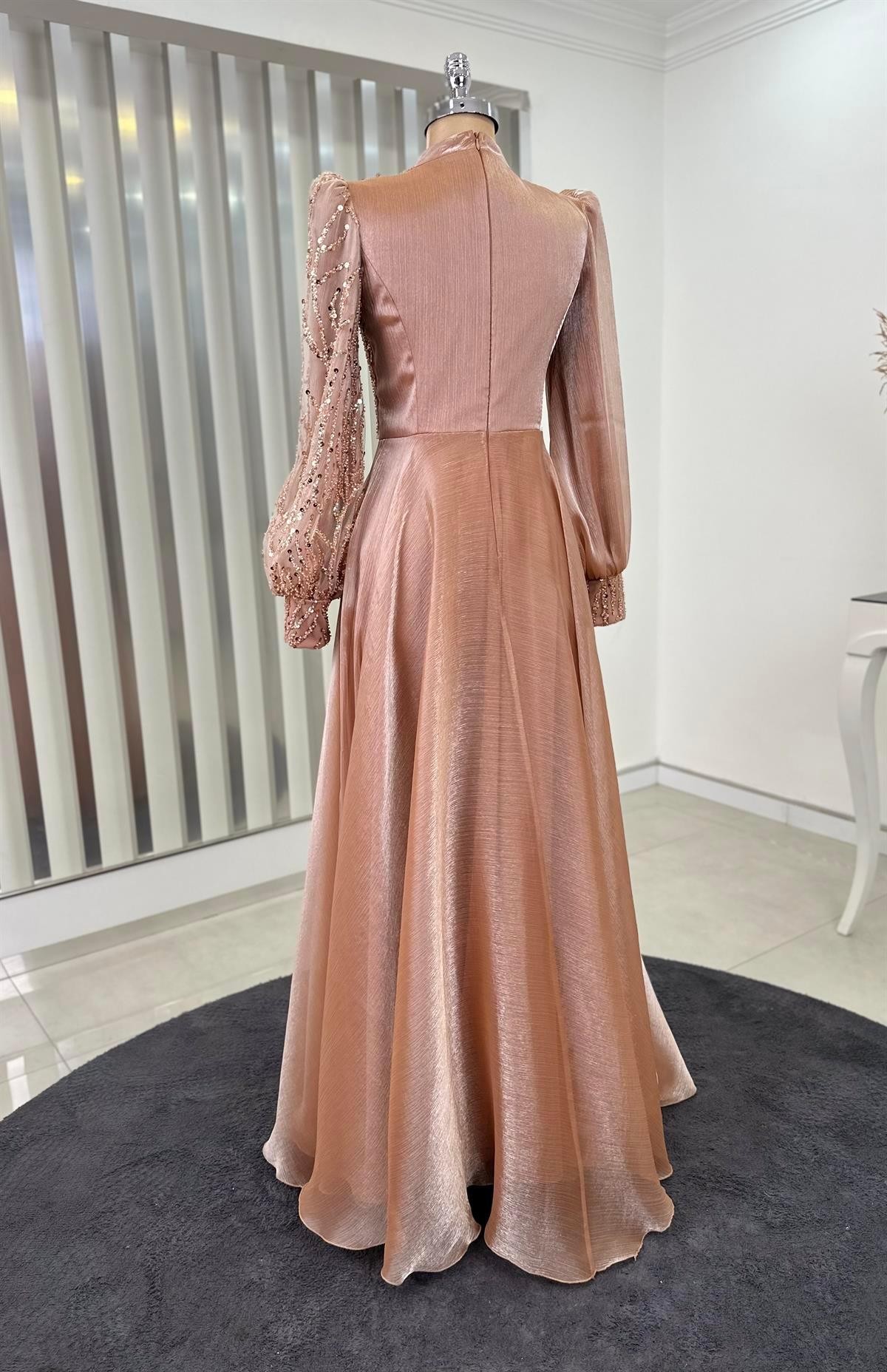 Organza Beaded Lace Embroidered Sun Hijab Evening Dress Rose