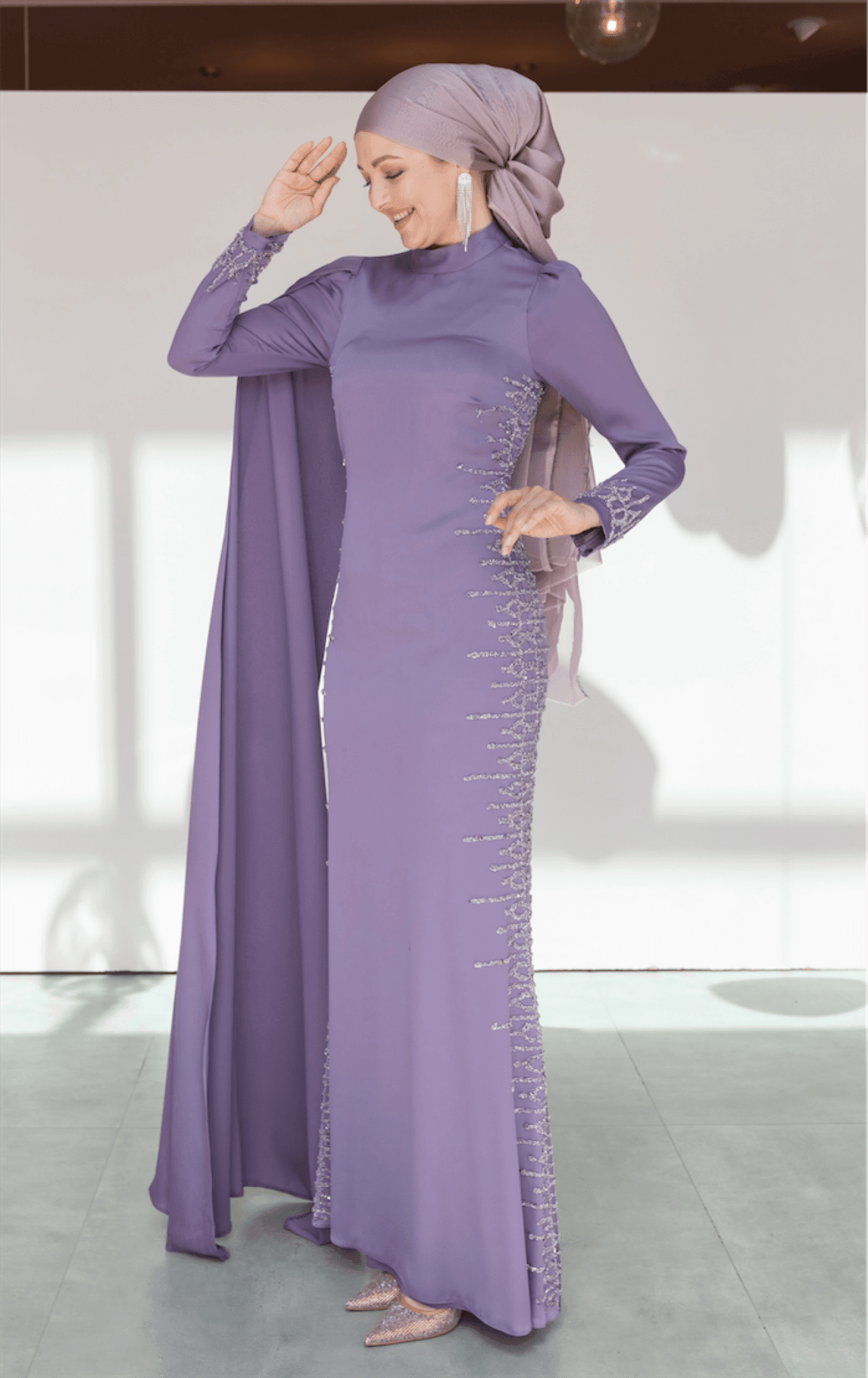 One Shoulder Cape Hijab Evening Dress - Lilac