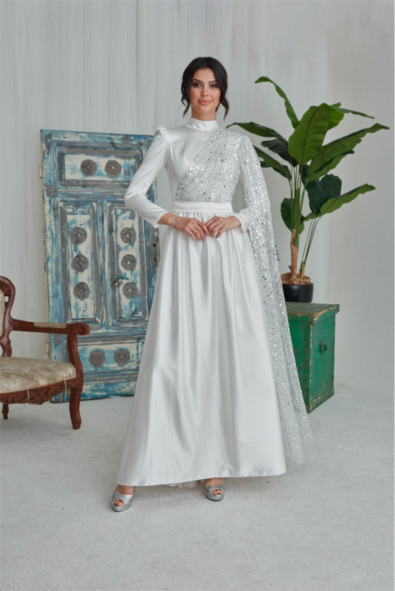 Estel Hijab Evening Dress - Ecru