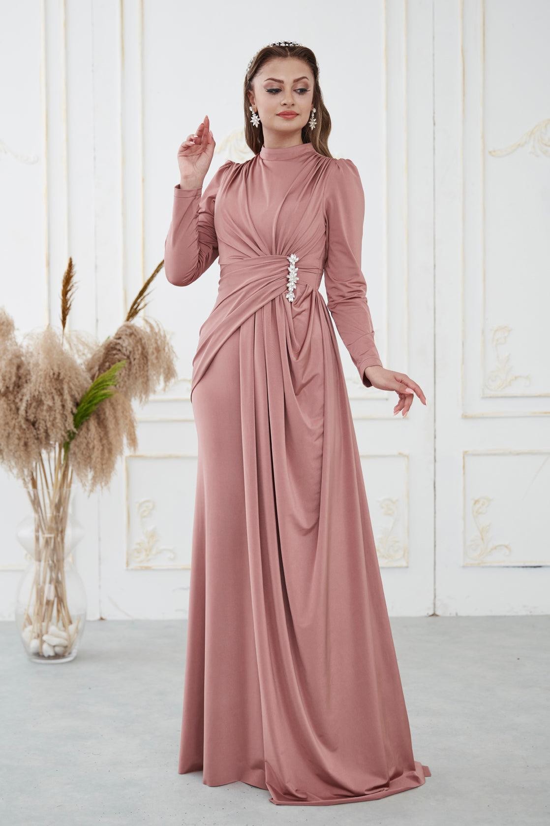 Simay Hijab Evening Dress - Powder