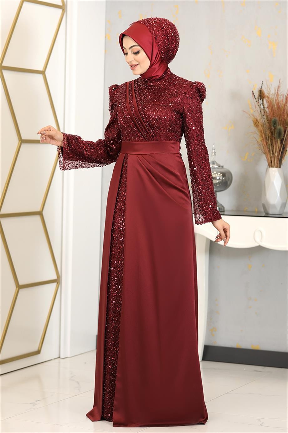 Şehrazat Hijab Abendkleid Weinrot
