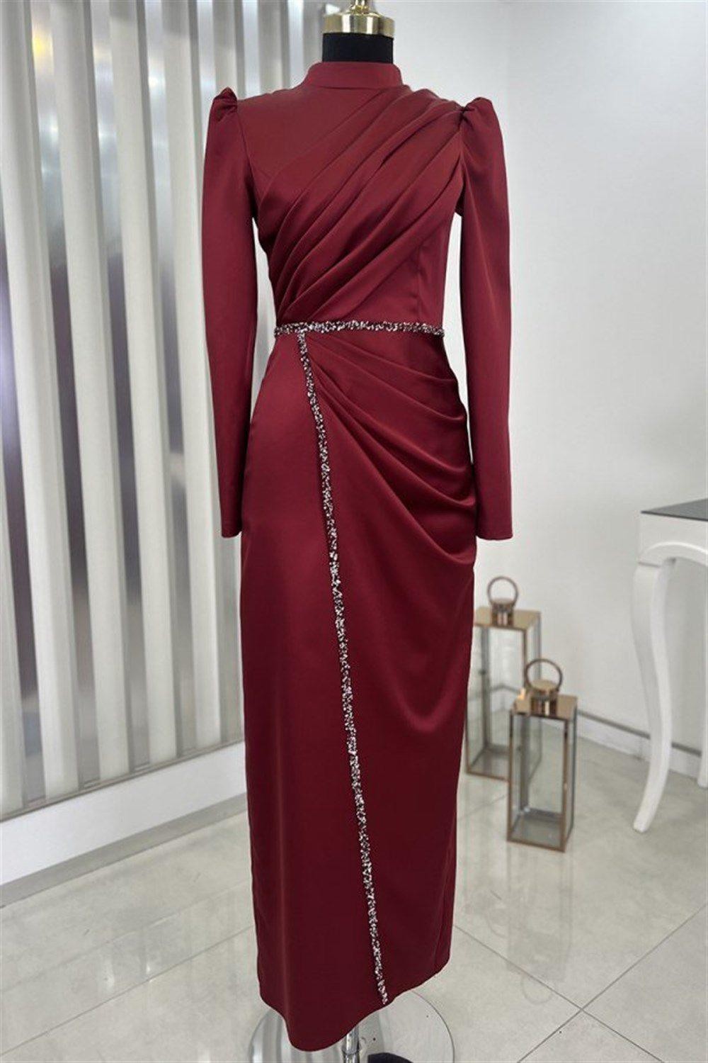 Elif Satin Hijab Evening Dress - Claret Red