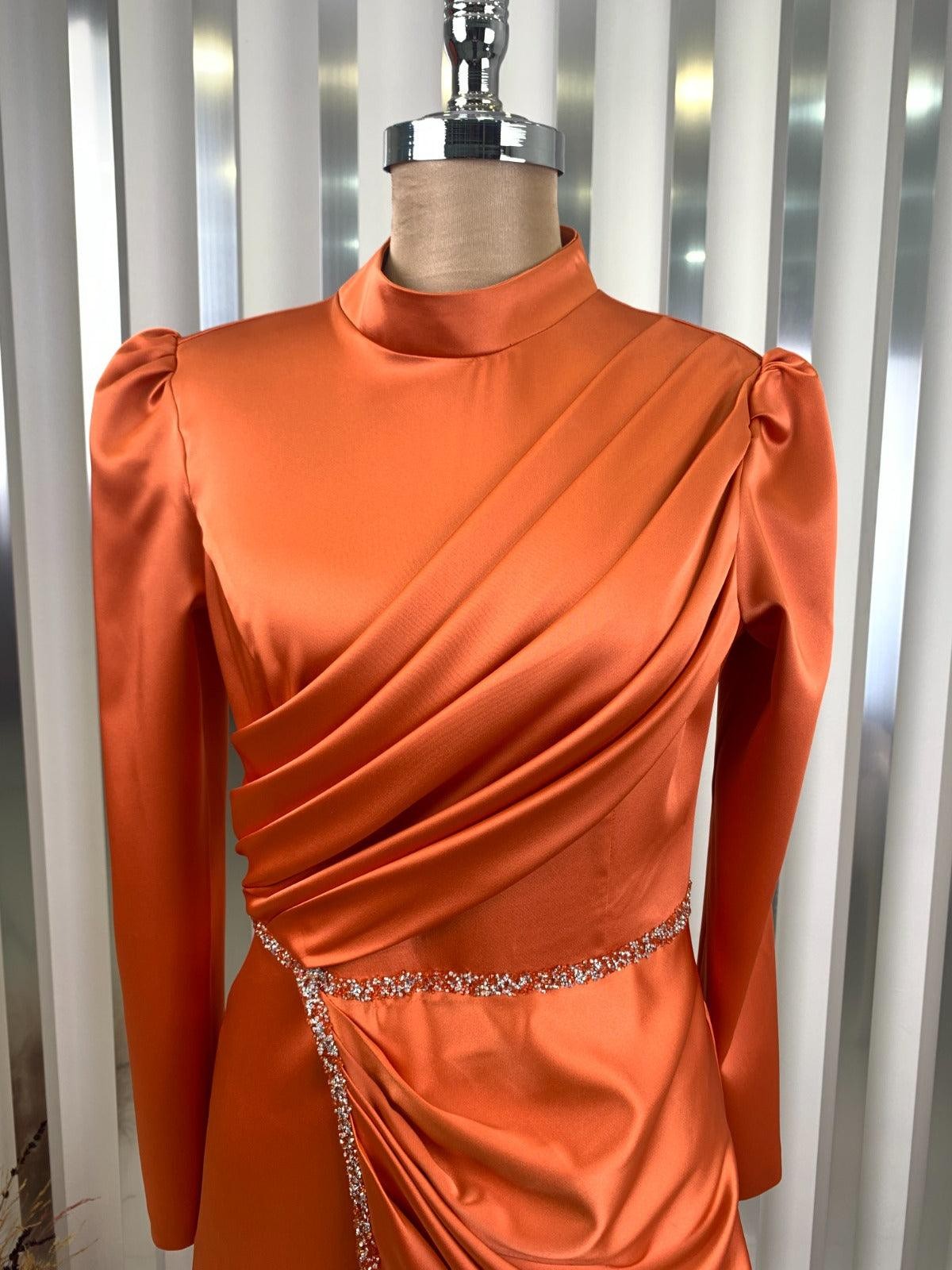 Elif Satin Hijab Evening Dress - Orange