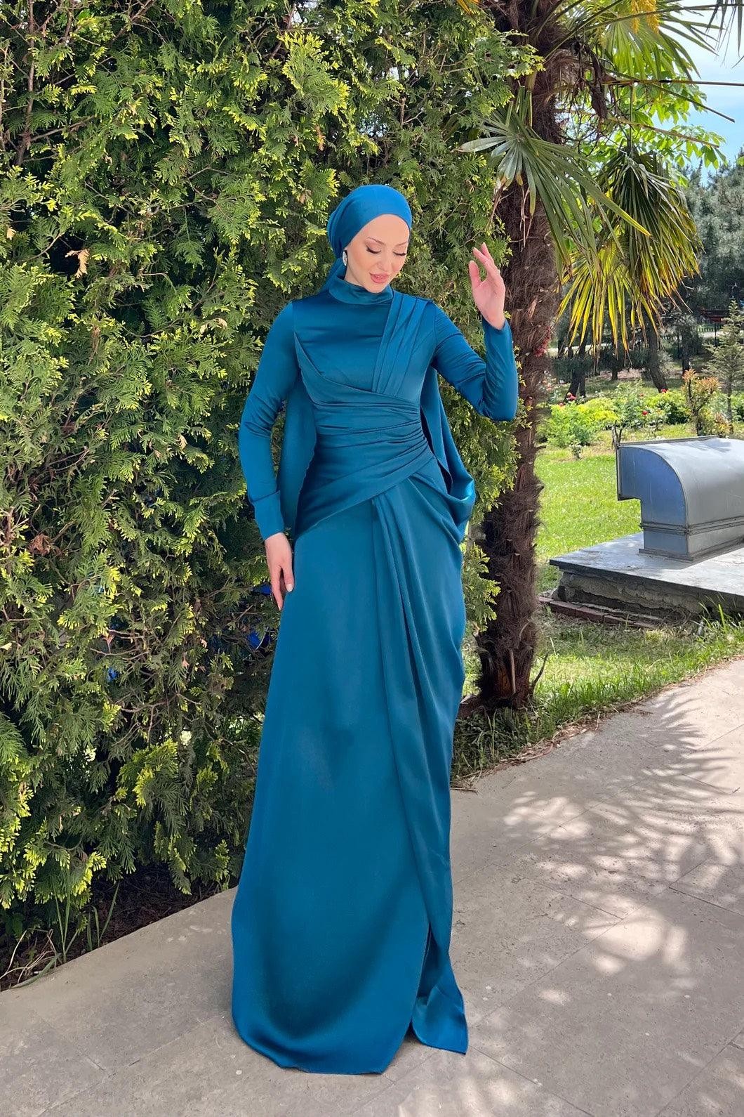 Hercai Hijab Evening Dress - Petrol