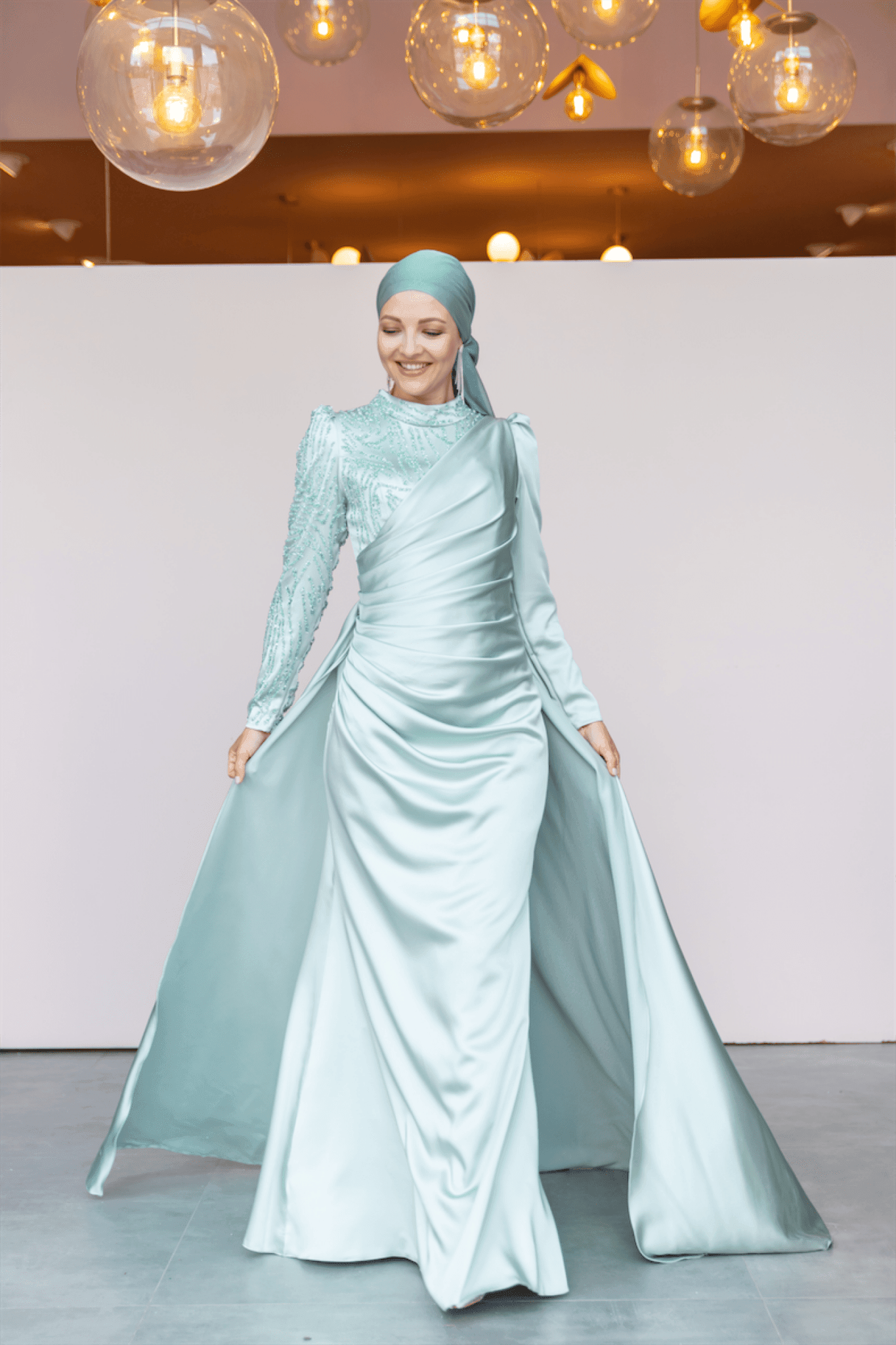 Ester Hijab Evening Dress - Water Green