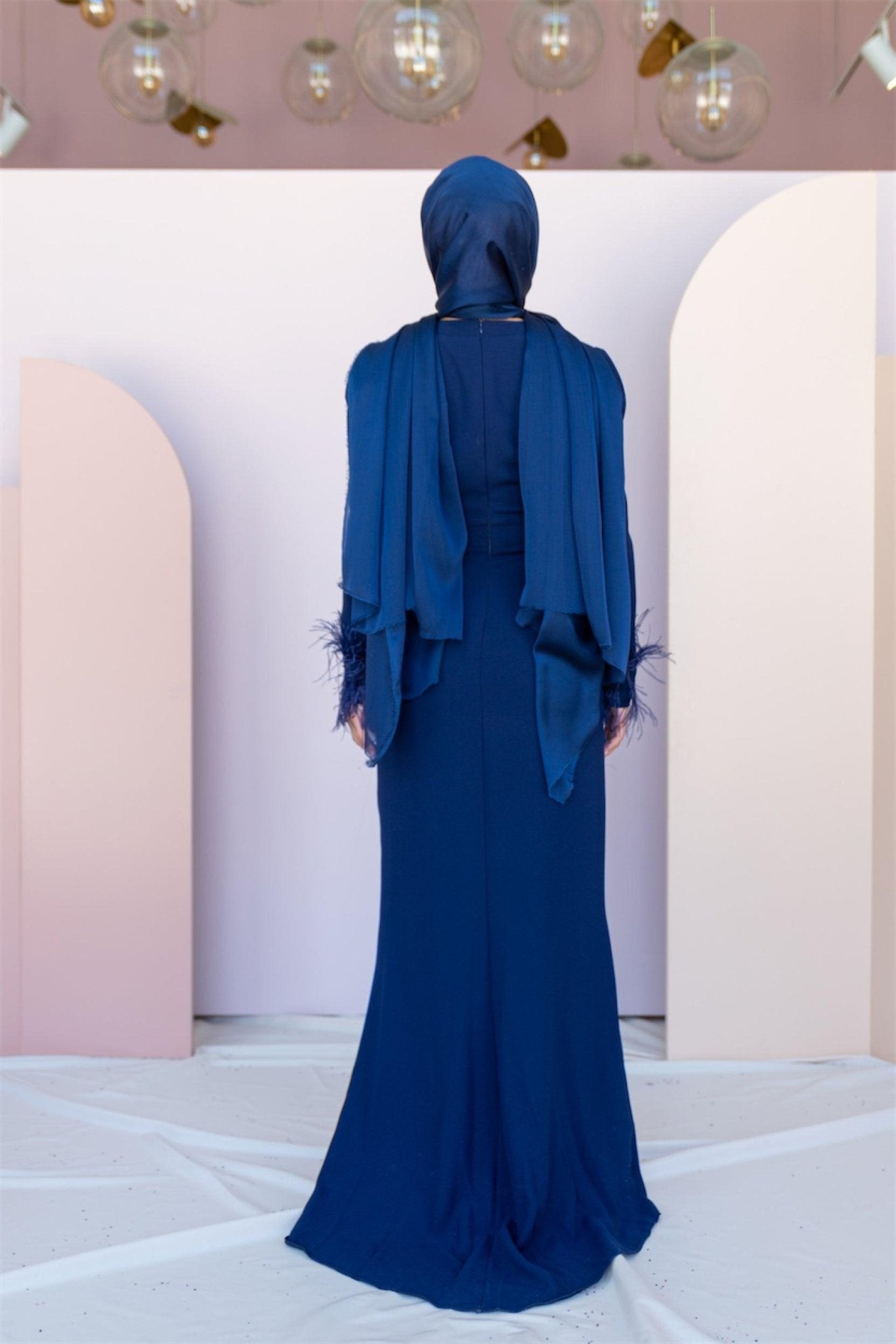 Draped Hijab Evening Dress with Feathered Sleeves