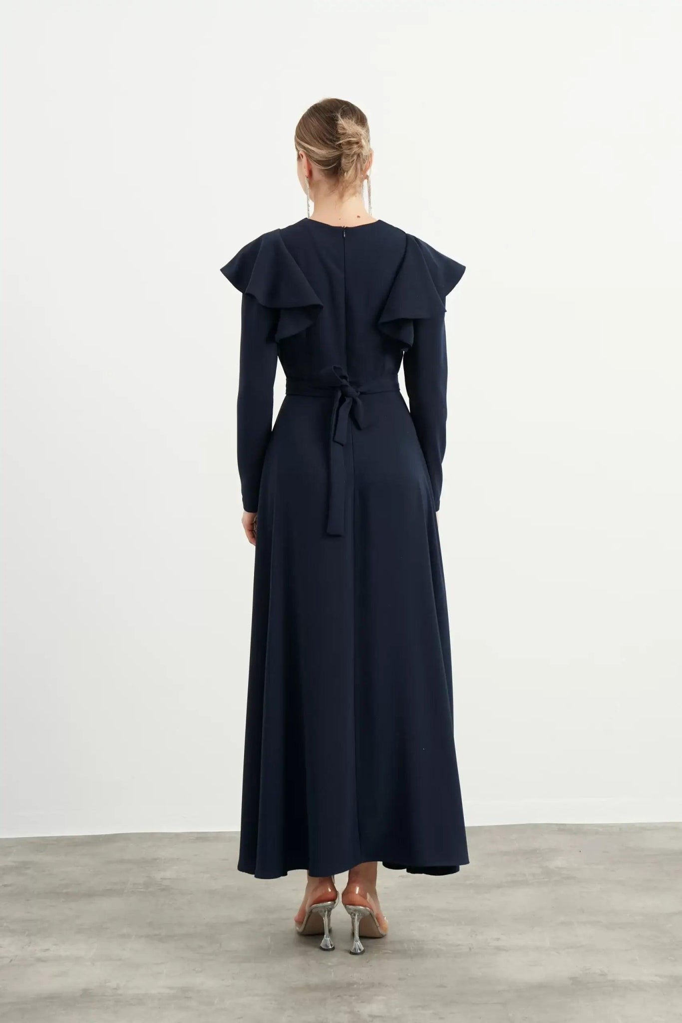 Navy Blue Ruffle Detailed Evening Dress