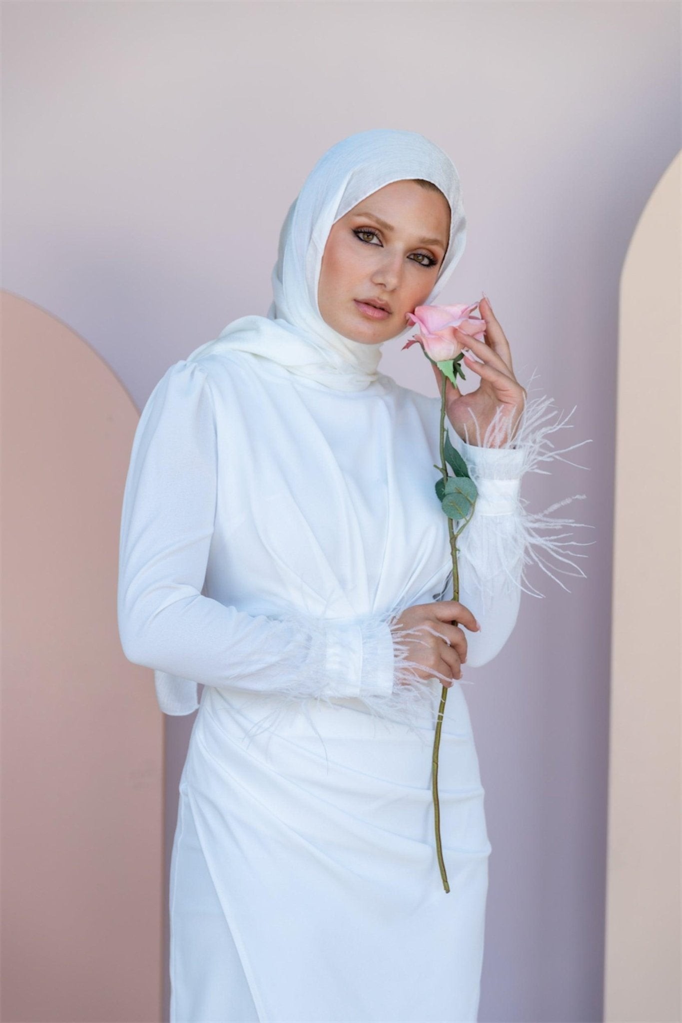 Draped Hijab Evening Dress with Feathered Sleeves - White