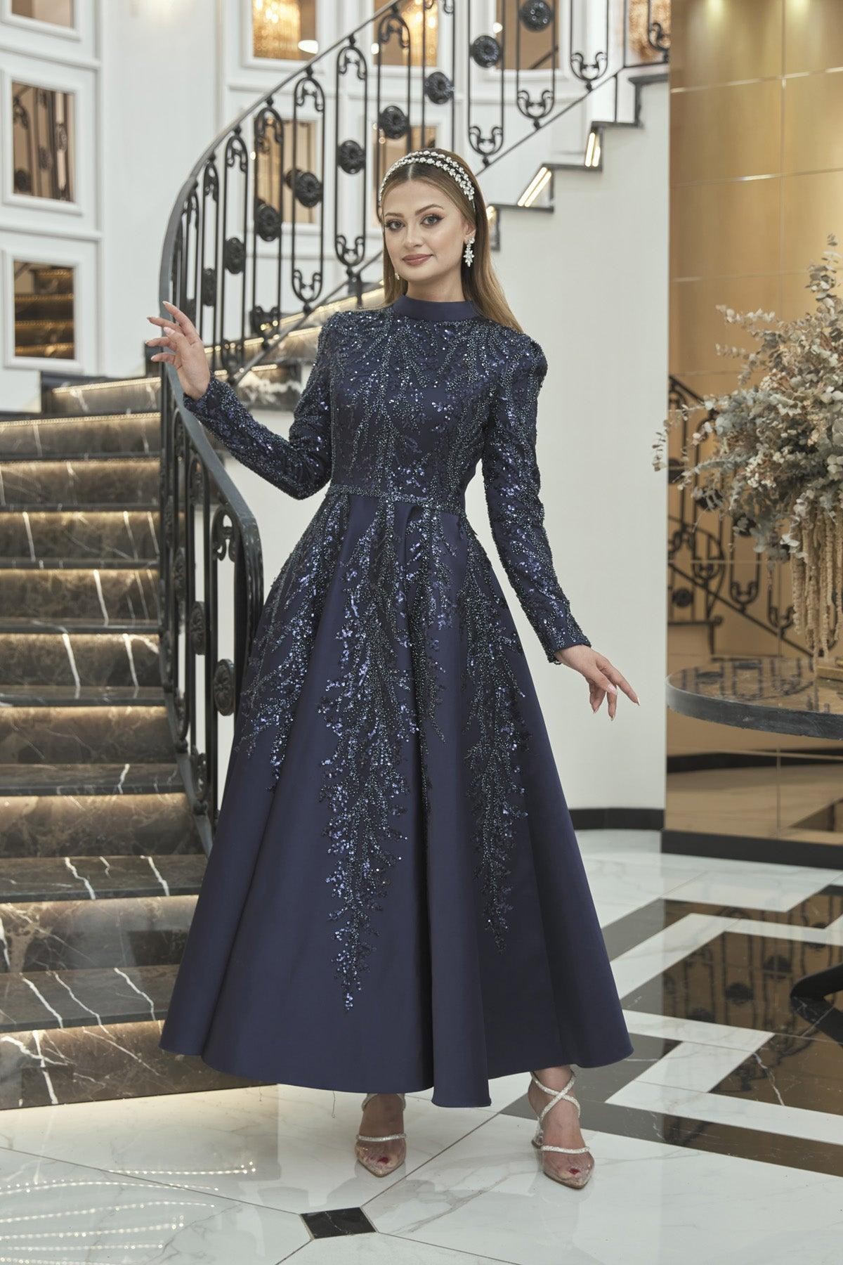 Güzin Hijab Evening Dress - Navy Blue