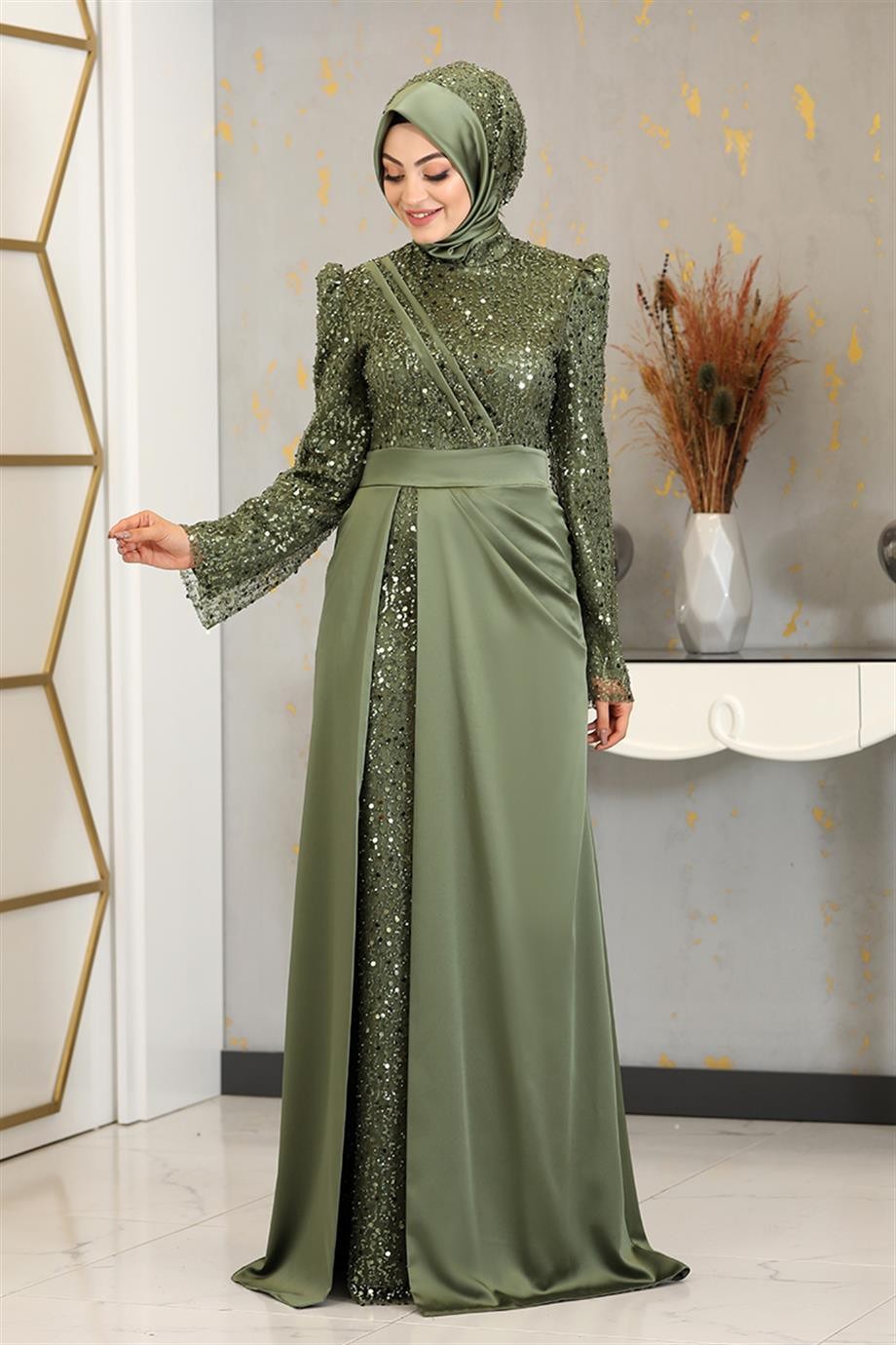 Şehrazat Hijab Evening Dress Khaki