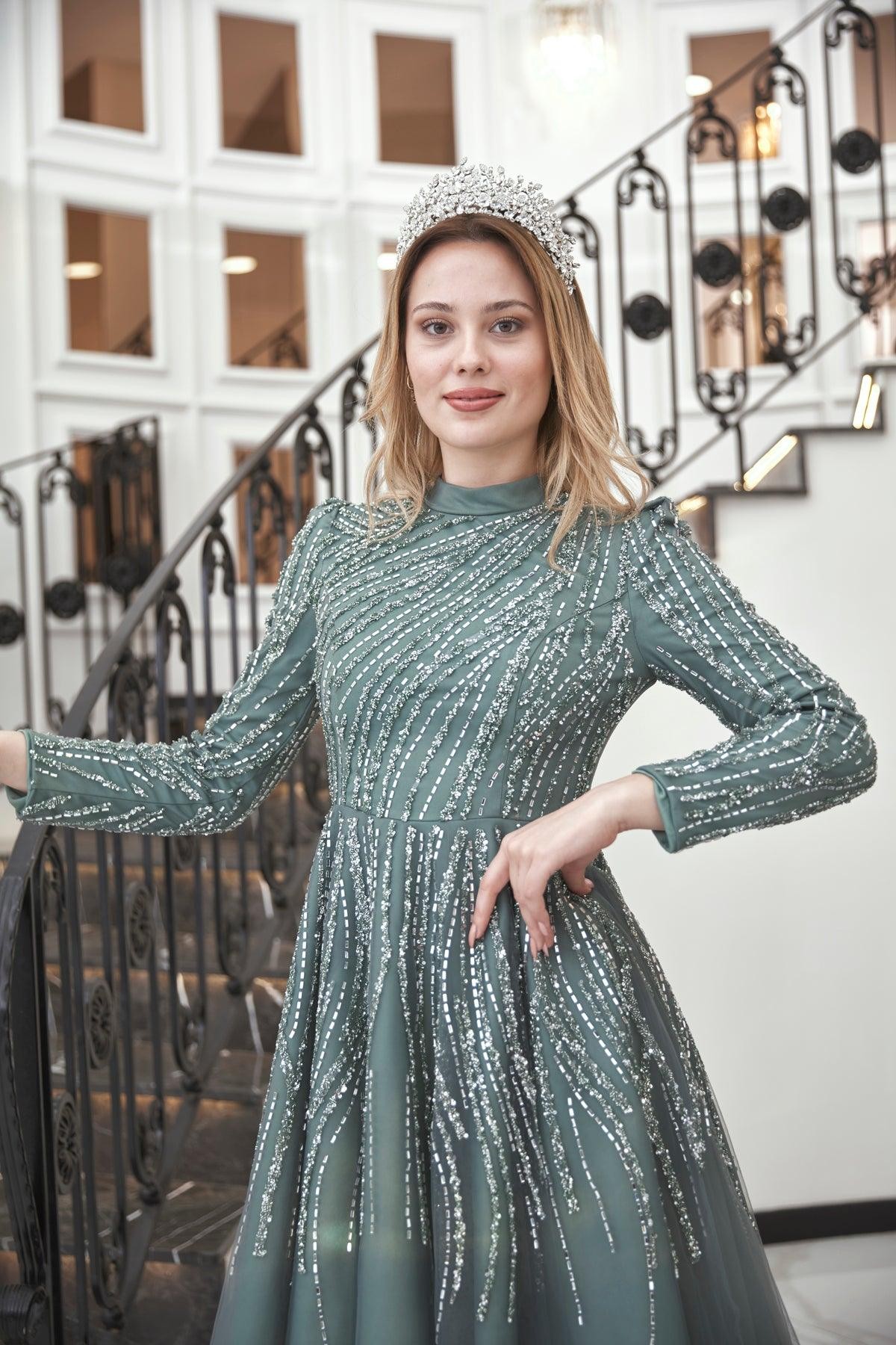 Anna Midi Stoned Hijab Evening Dress Mint