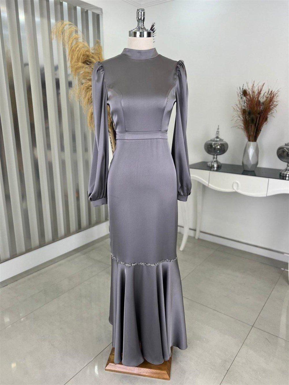 Sena Satin Hijab Evening Dress - Gray