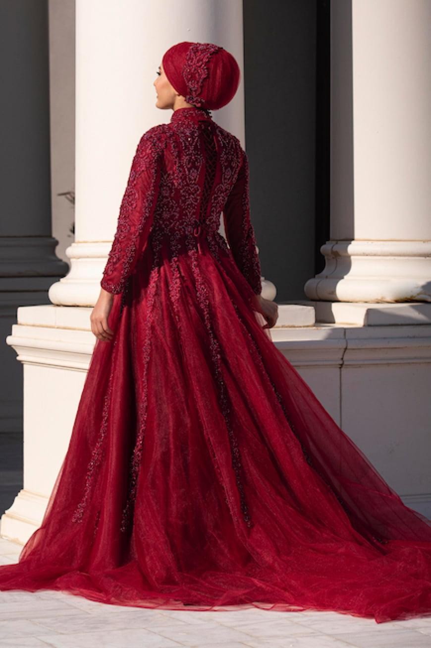 Siena Hijab Evening Dress - Claret Red