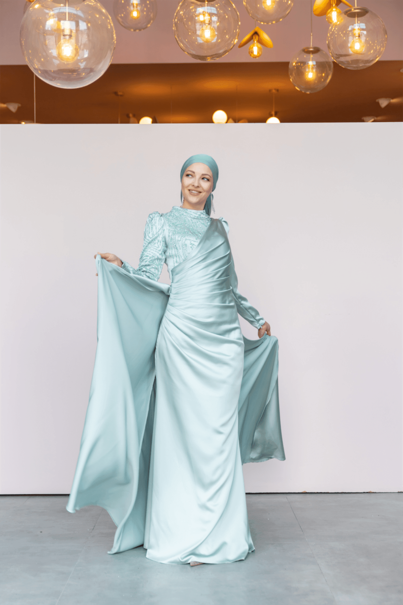 Ester Hijab Evening Dress - Water Green