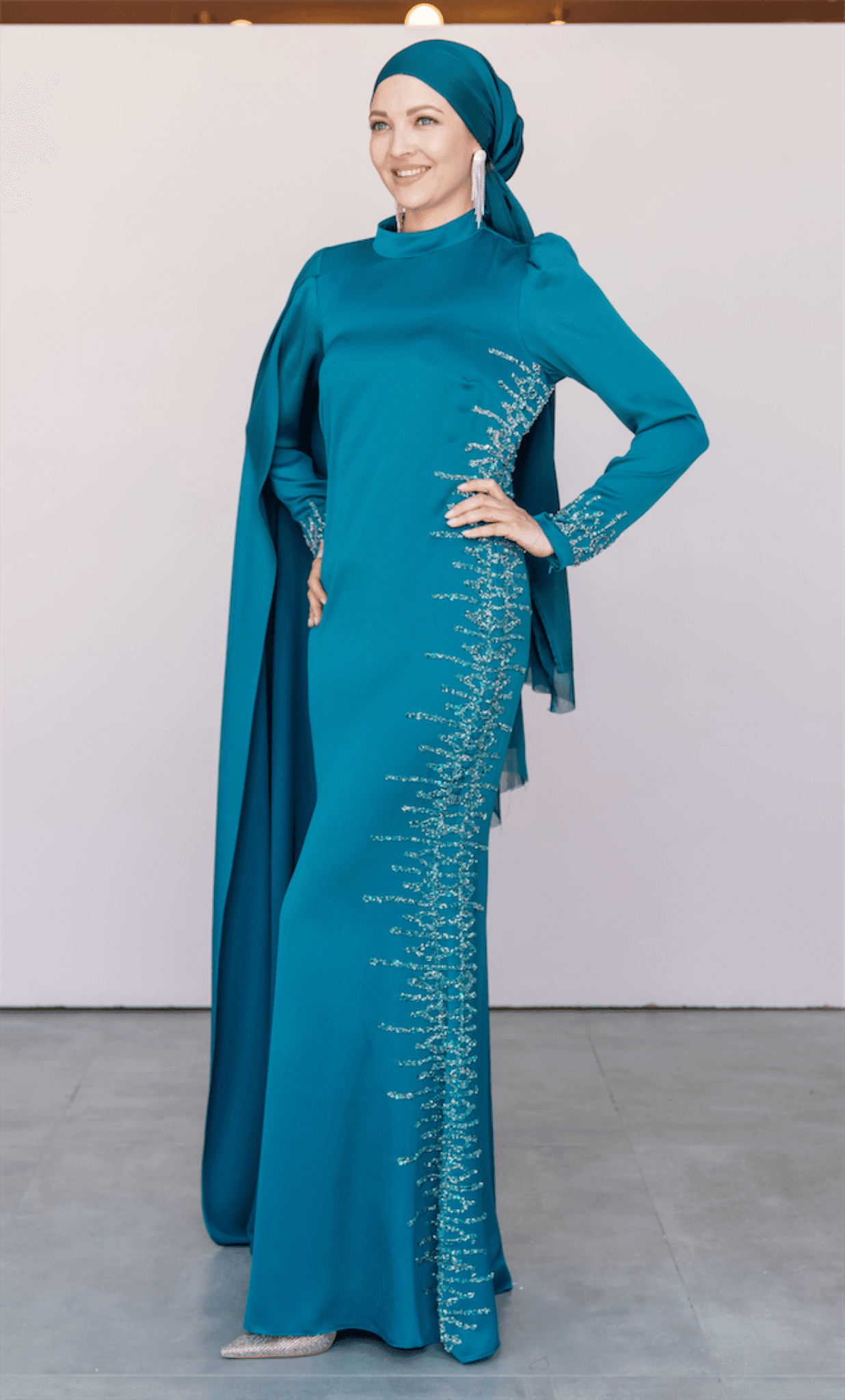 One Shoulder Cape Hijab Evening Dress - Petrol