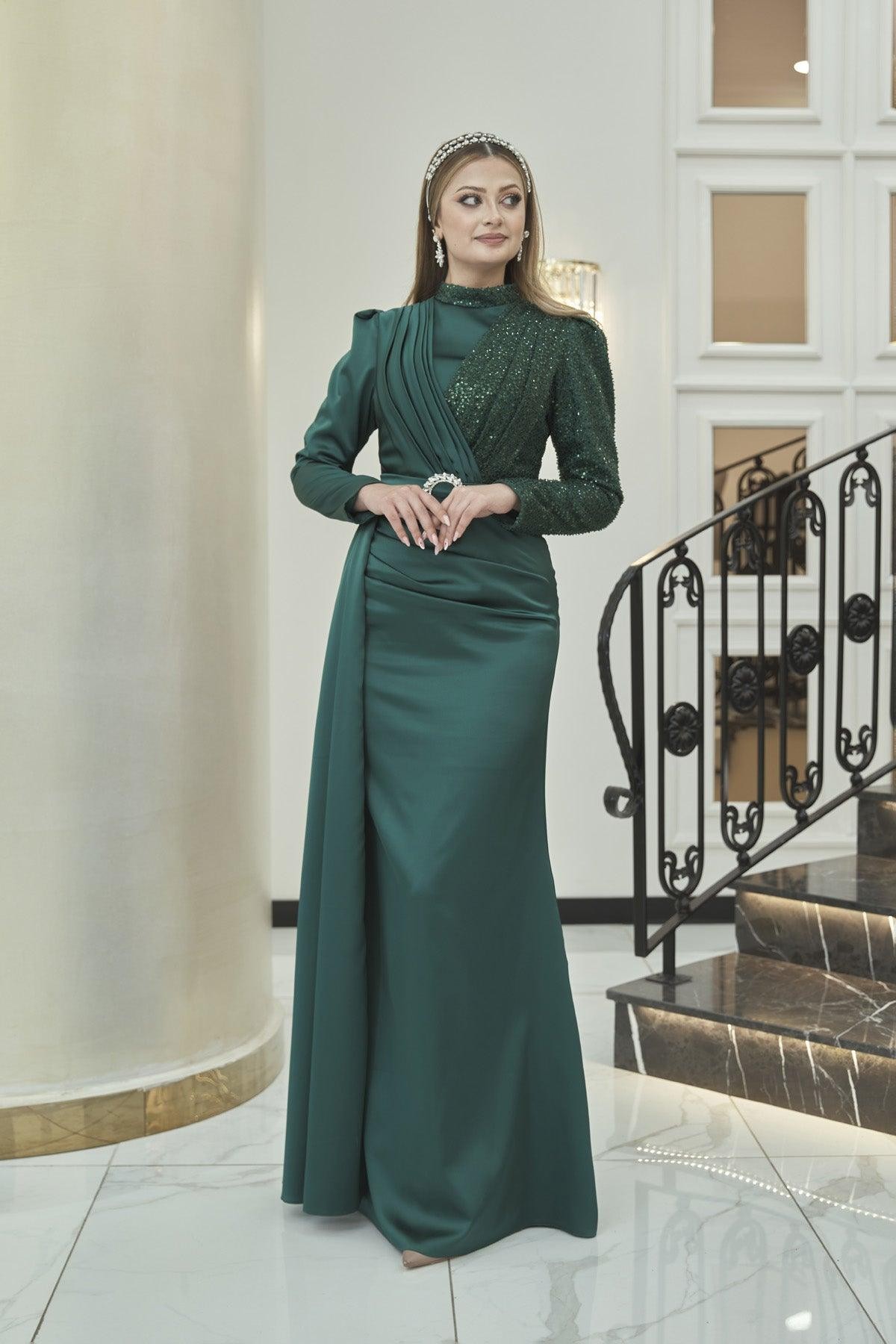 Silk Hijab Evening Dress - Emerald